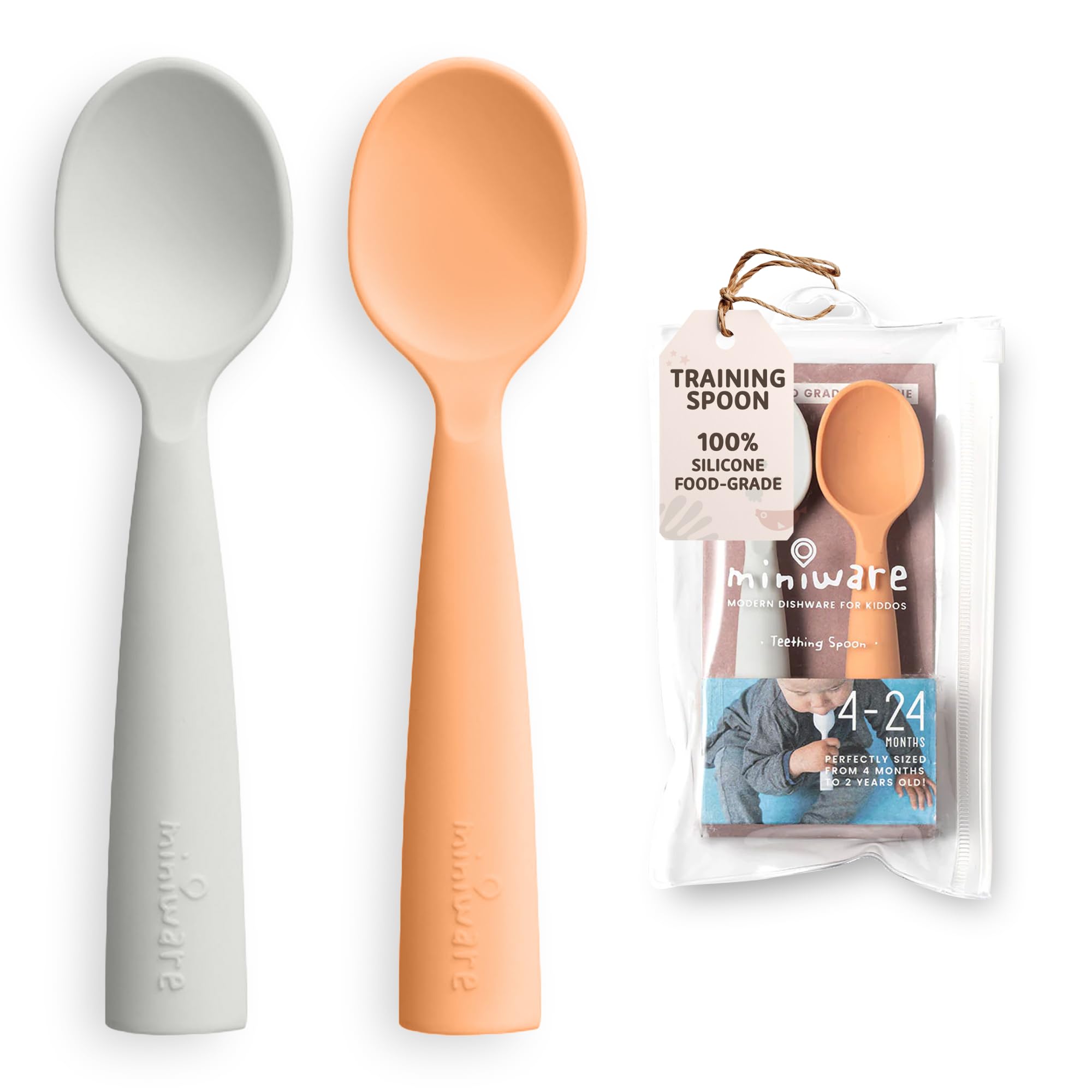 Miniware training spoons in grey and toffee for early self-feeding