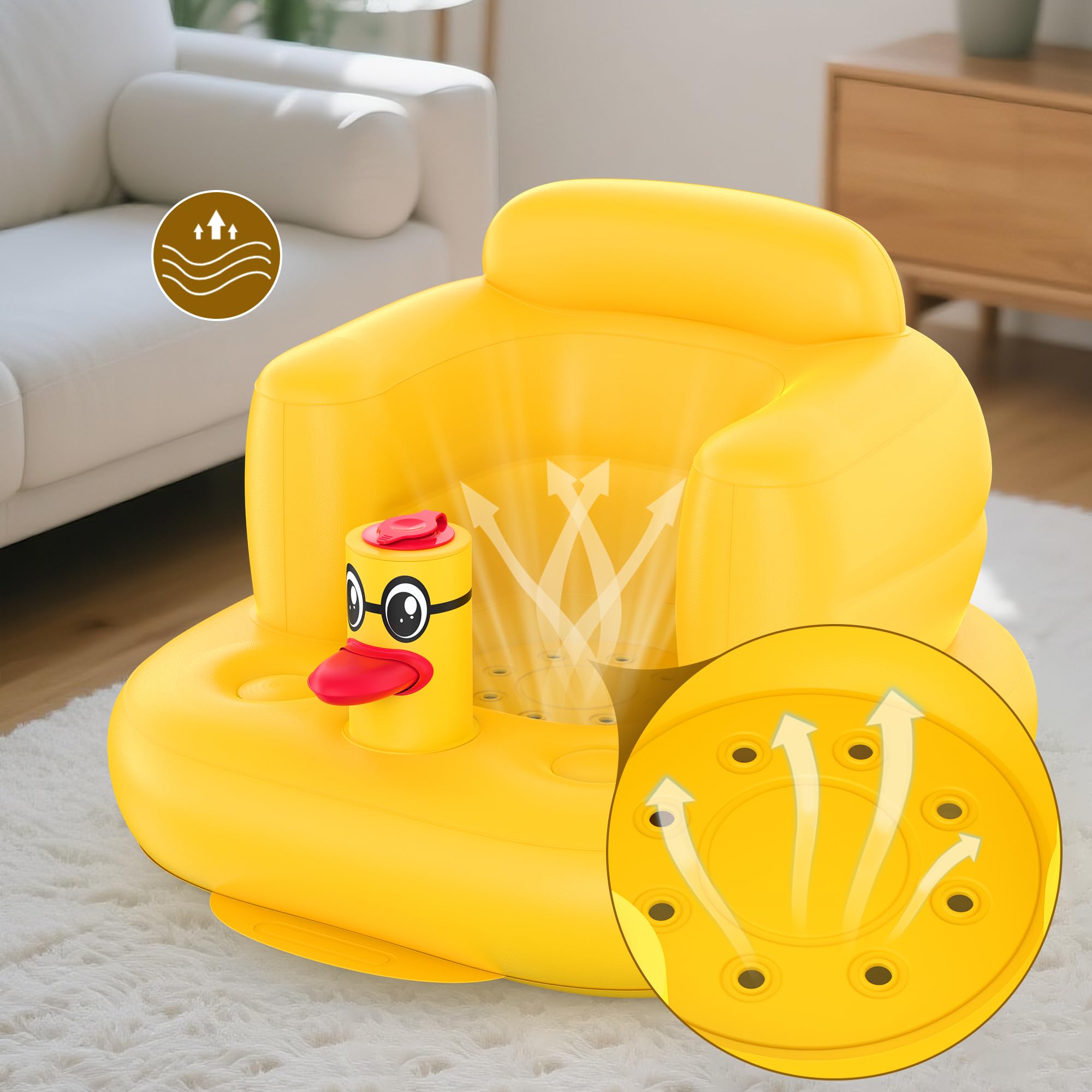 Mink inflatable chair adjusted to fit growing babies during sit-up practice