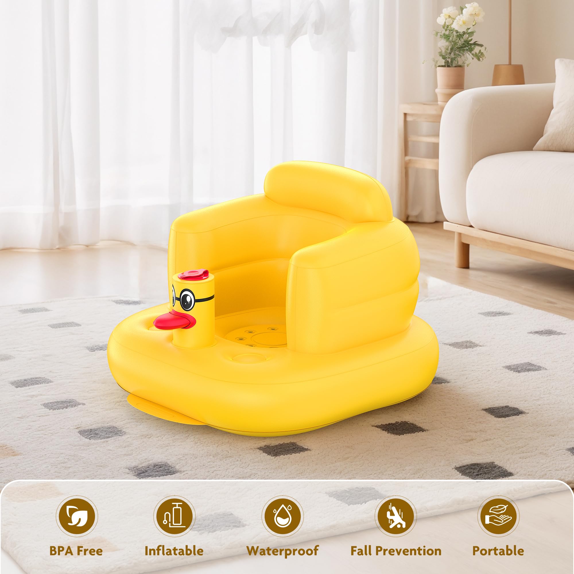 Mink inflatable seat pictured on indoor floor for versatile playtime