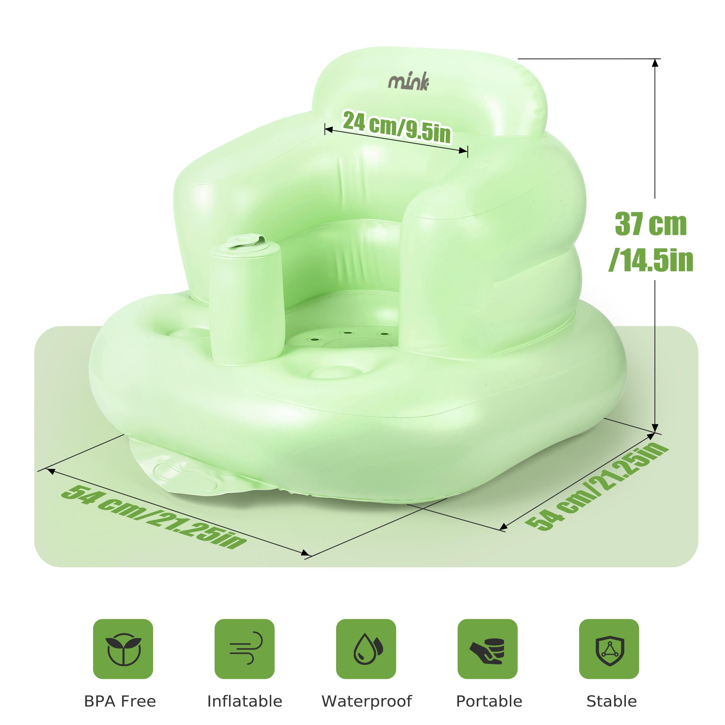 Mink inflatable baby seat Grass Green built-in pump in action