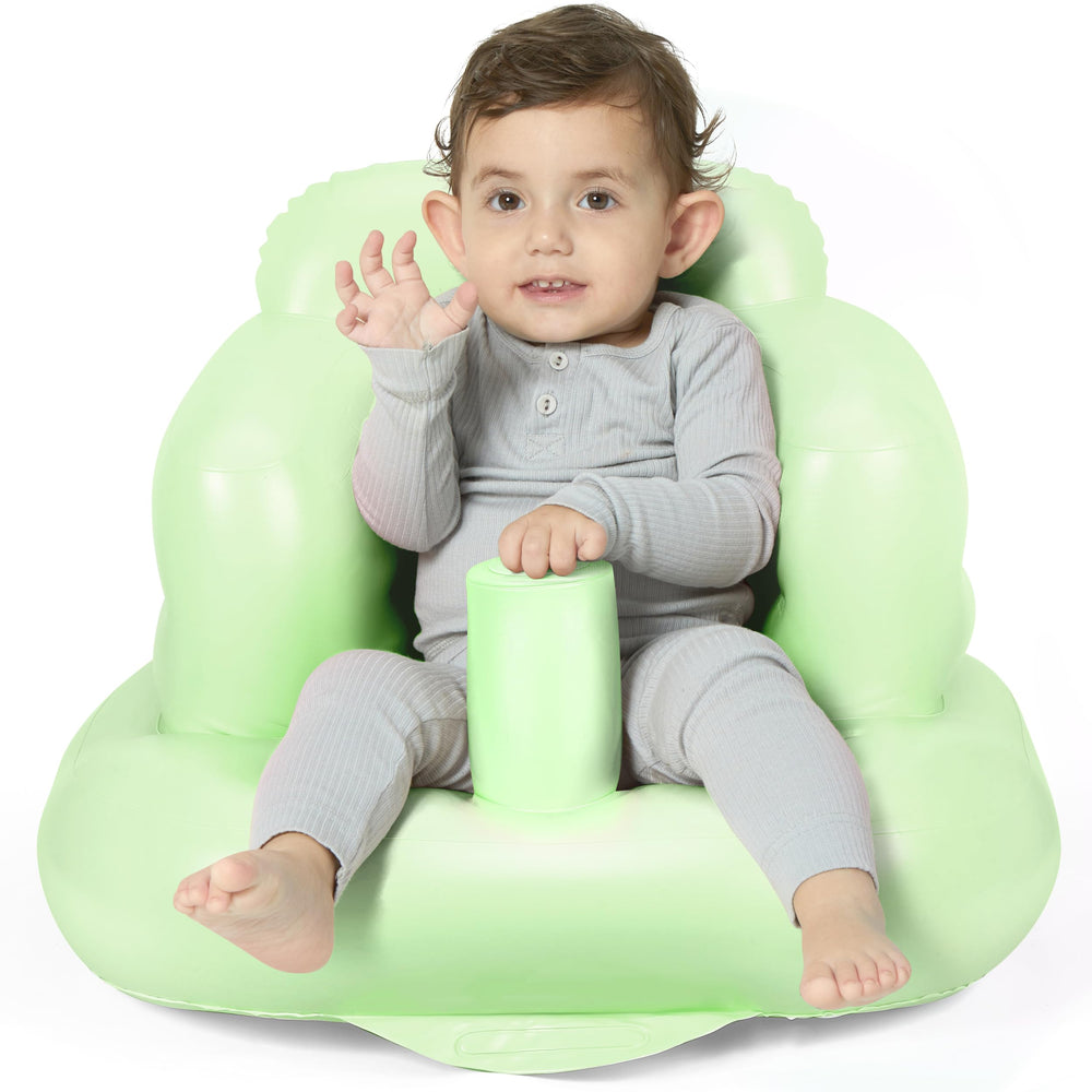 Mink inflatable baby seat Grass Green front view with safe, cushioned support