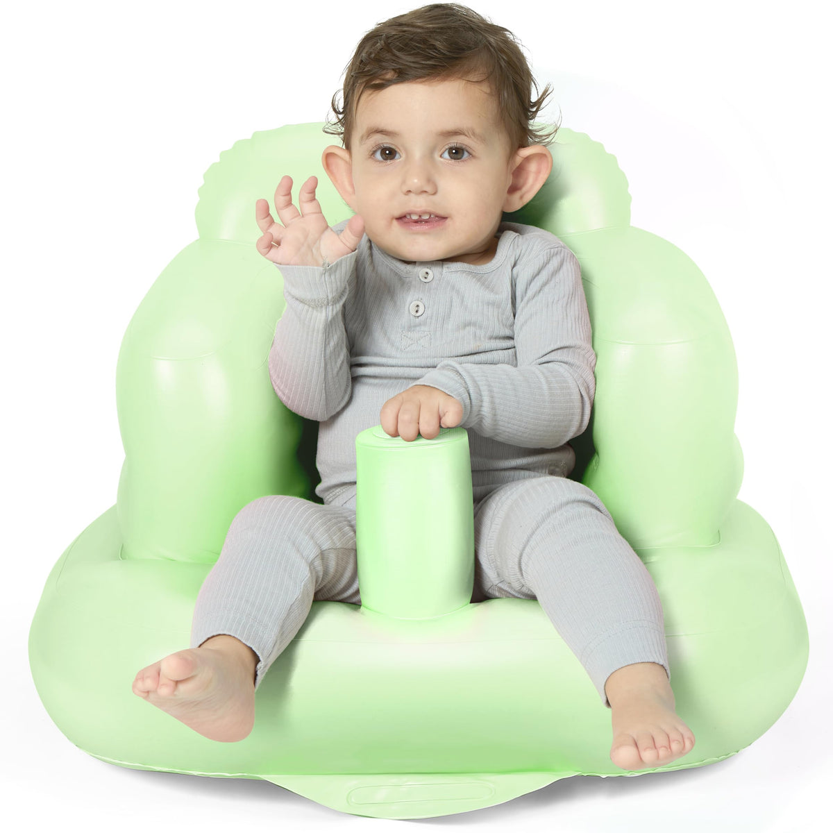 Mink inflatable baby seat Grass Green front view with safe, cushioned support