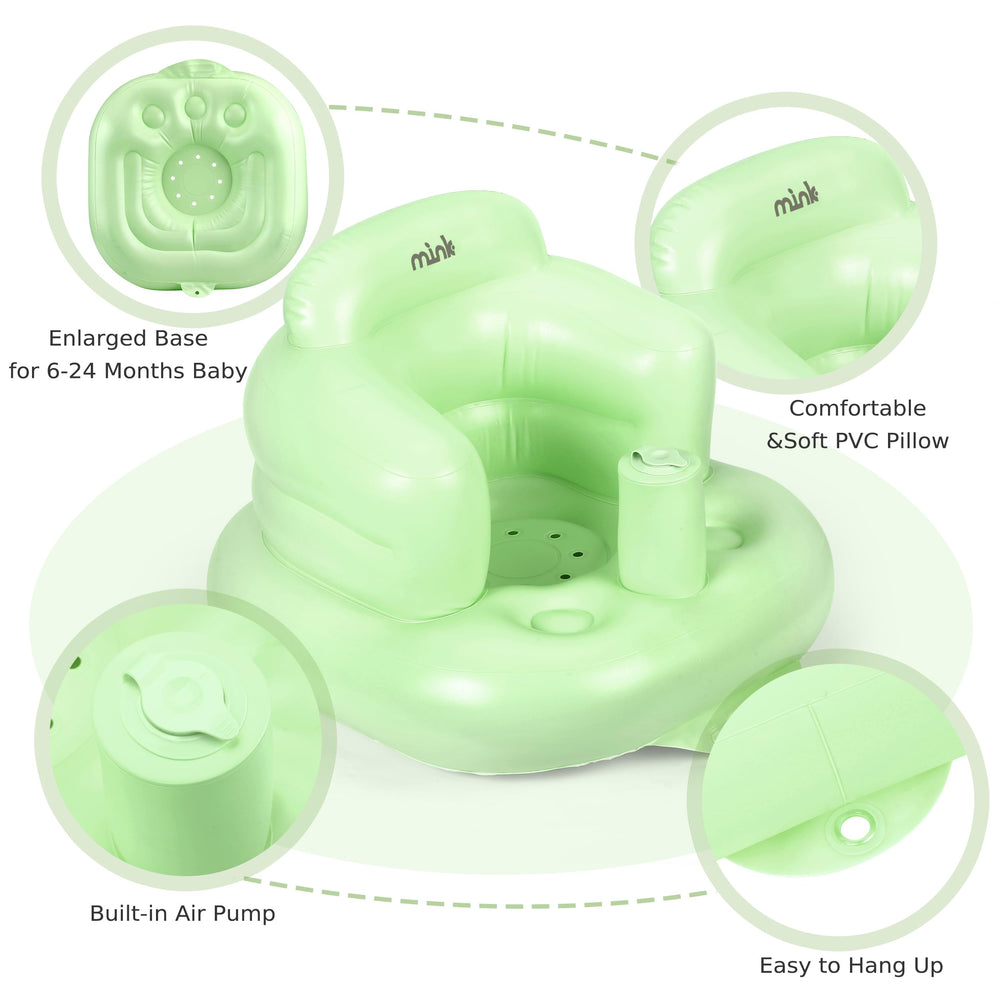 Mink inflatable baby seat Grass Green in-use on floor for sitting practice