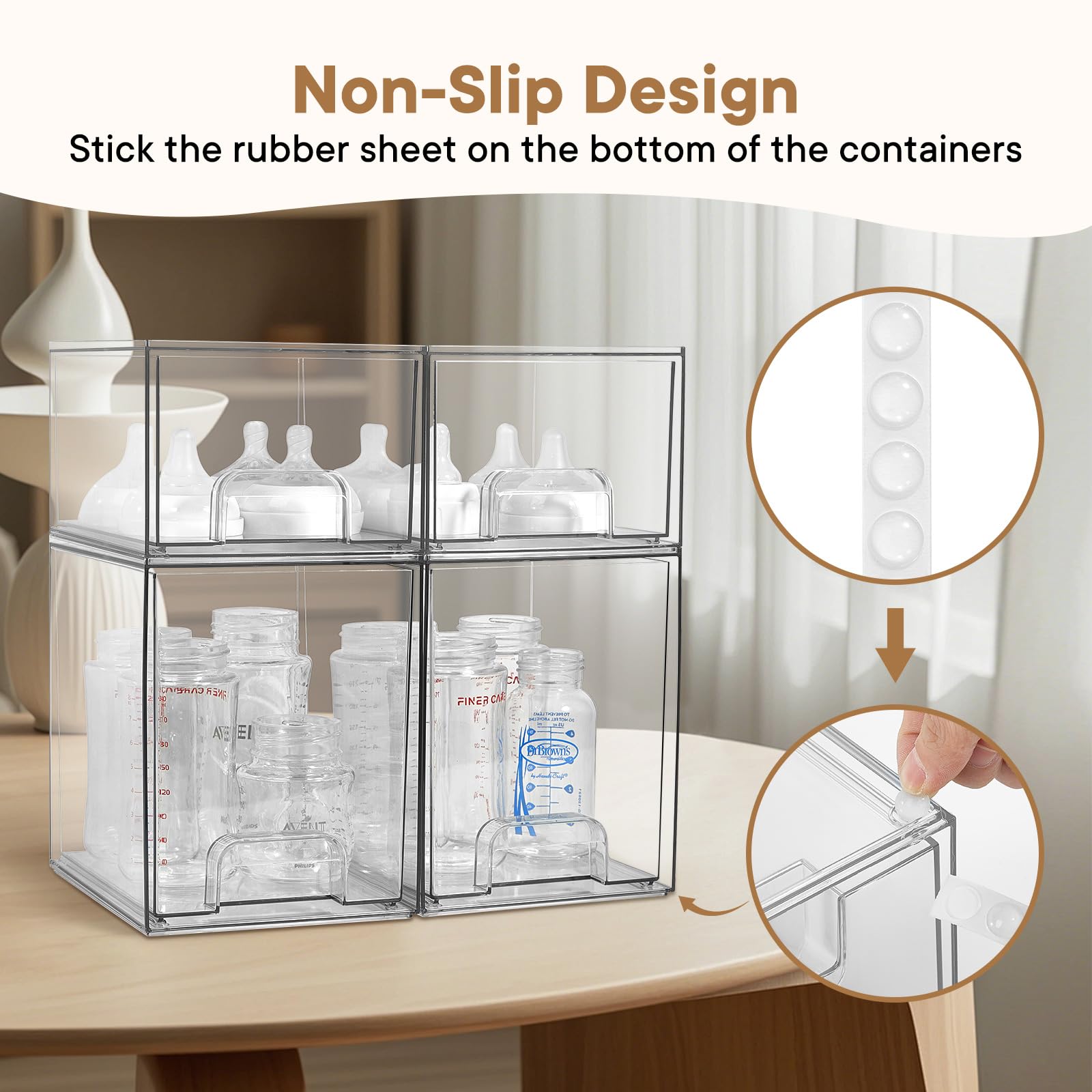 MINMUNJIU storage drawers hold nipples and pacifiers on a countertop.