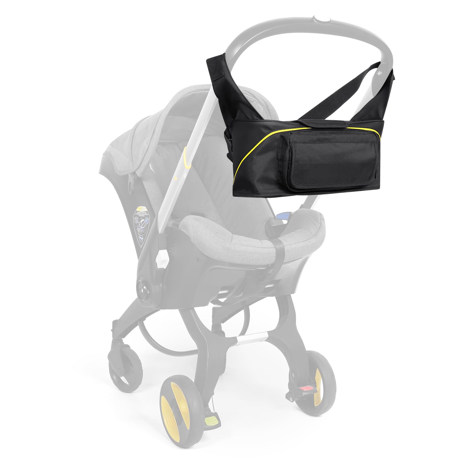 Minne Baby Upperkids Essentials Bag attached to Doona, side view for easy reach