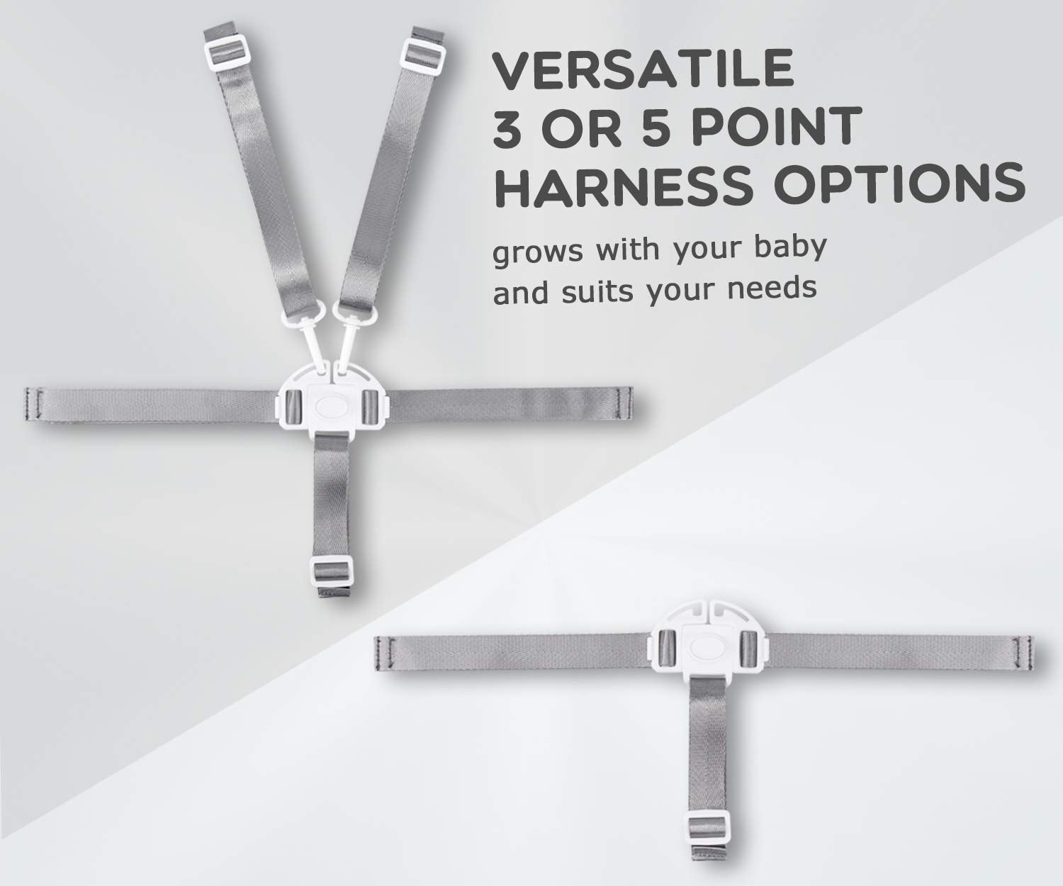 Minne high chair straps with convertible 3-point option for growing children.