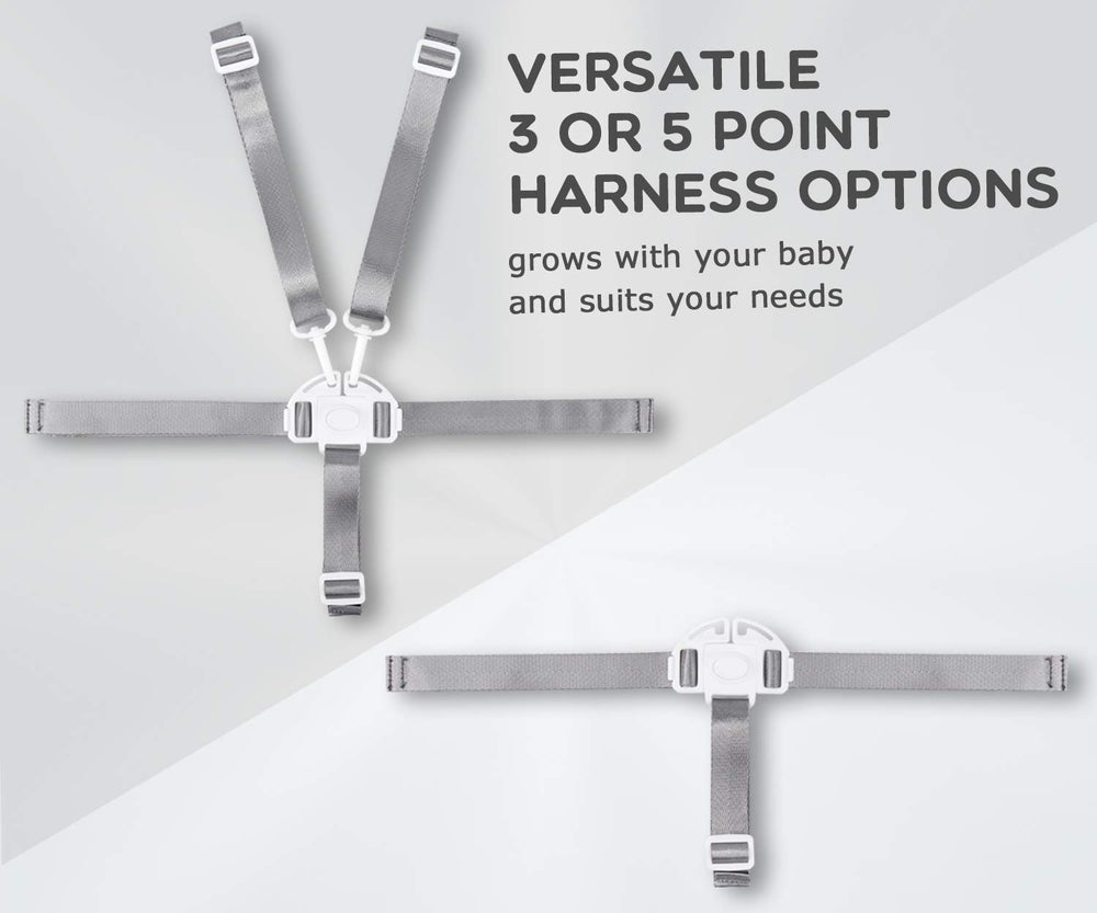 Minne high chair straps with convertible 3-point option for growing children.