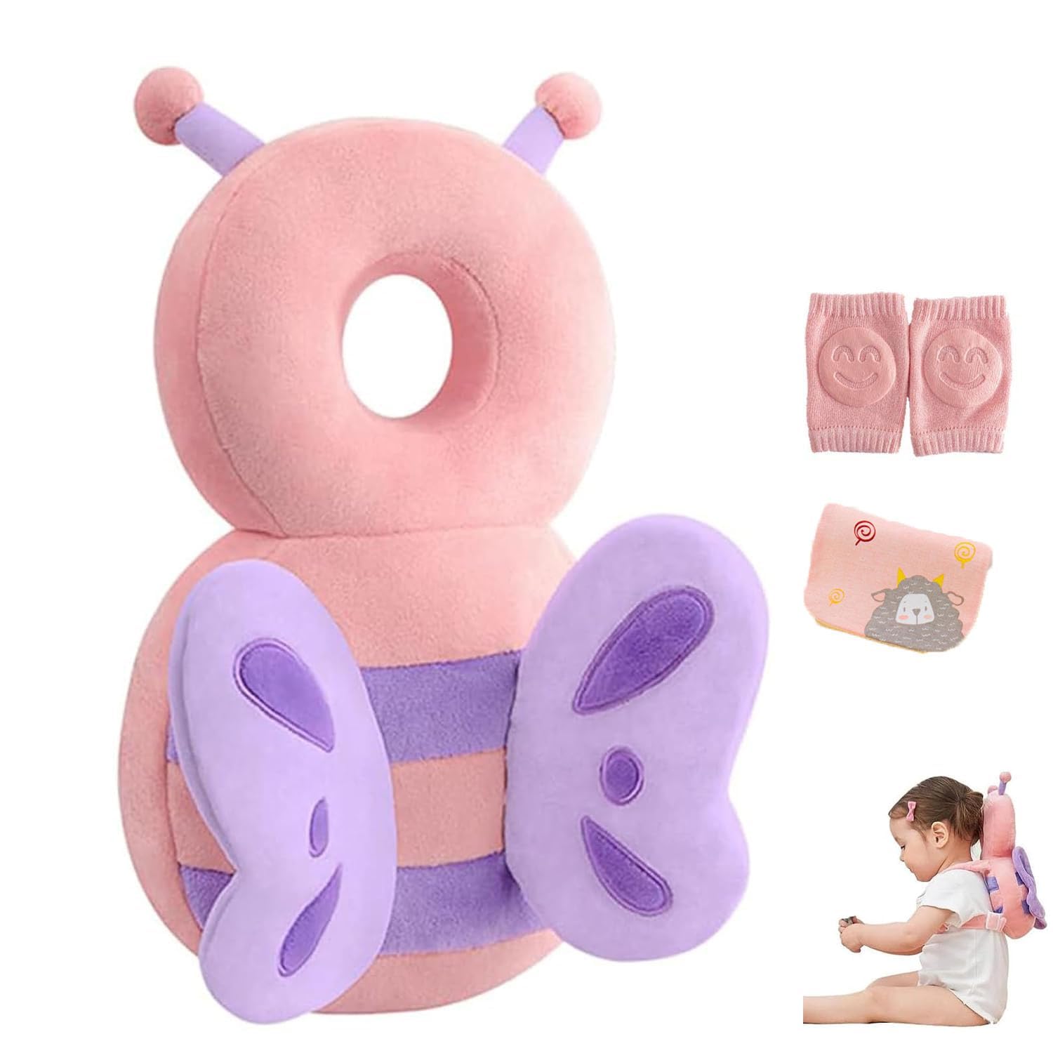 MINOCHI baby head protector backpack in pink butterfly, front view, soft cushioning for confident strolls.