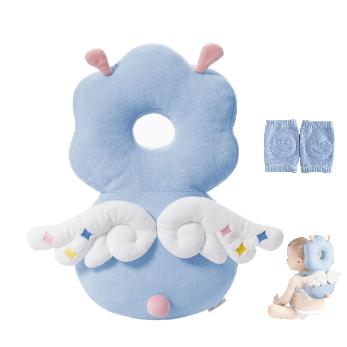 MINOCHI head protector backpack in front view showing protective design for safe crawling.