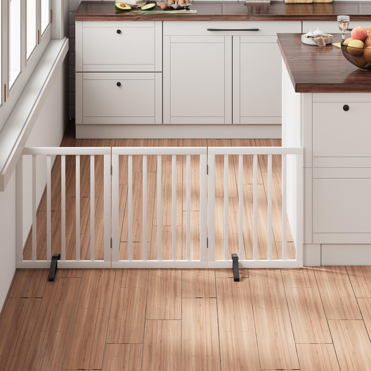 Mino Kesper white bamboo pet gate blocks doorway with style and safety.