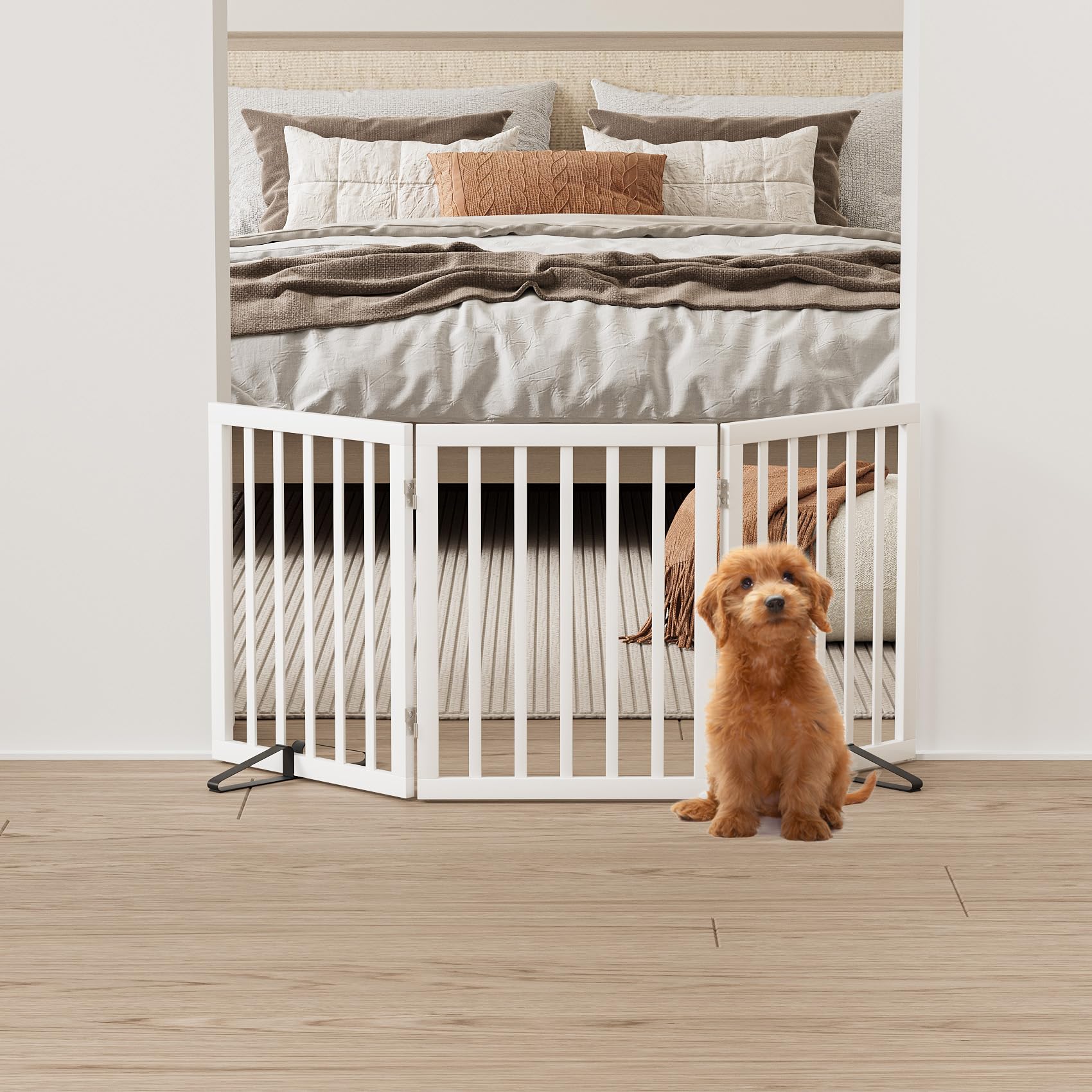 Mino Kesper white gate demonstrates folding design for quick storage.