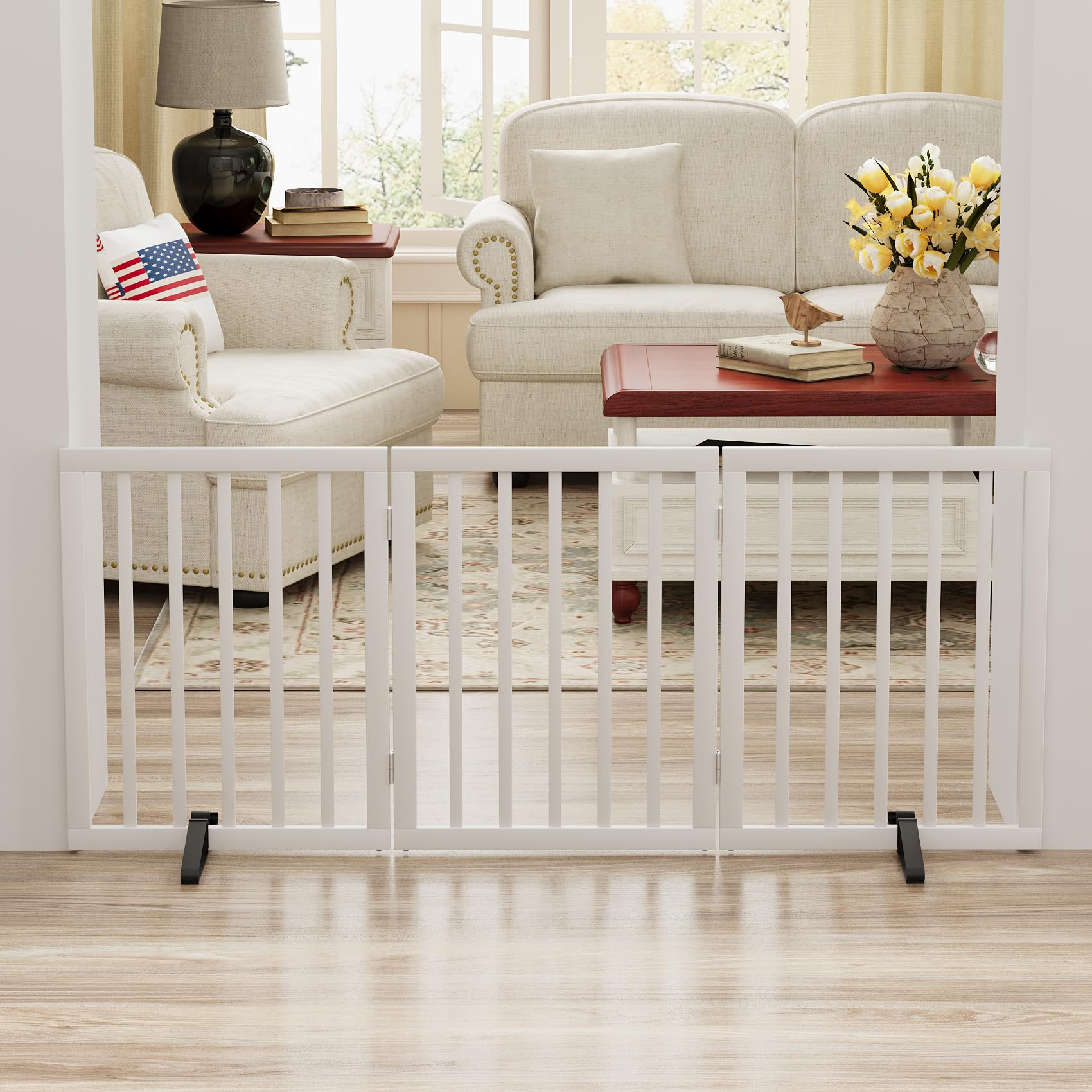 Mino Kesper white gate used as a room divider for pets.
