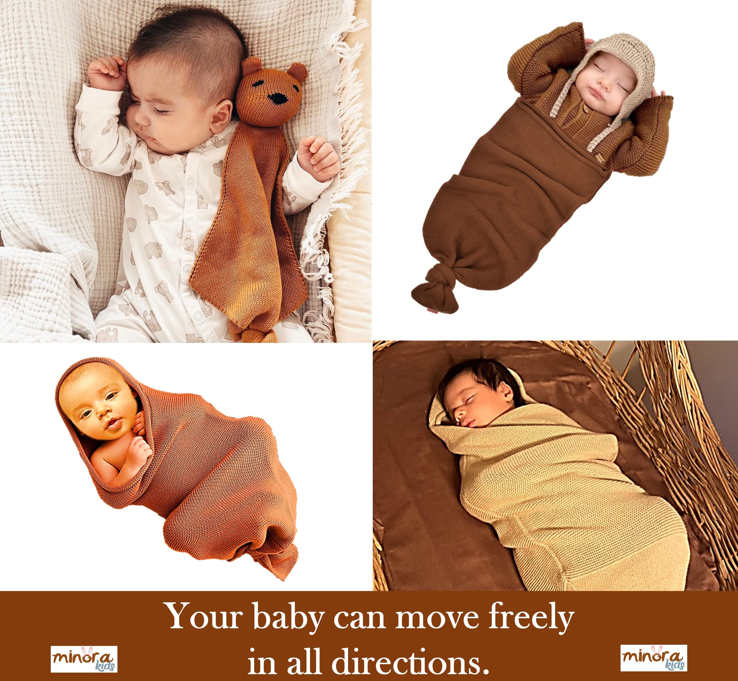 Minora swaddle arms inside-out for flexible baby positioning
