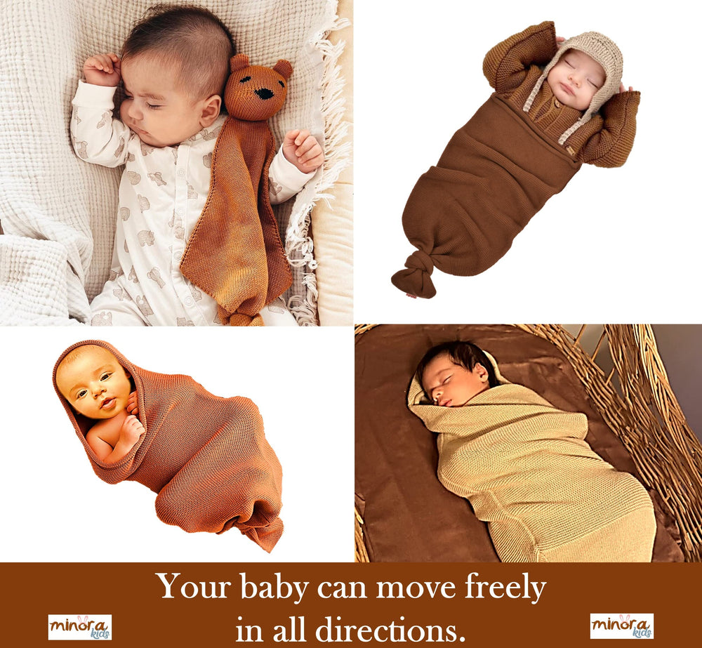 Minora swaddle arms inside-out for flexible baby positioning