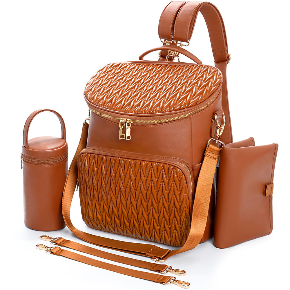 Minsong diaper backpack brown front view showing chic storage for busy moms