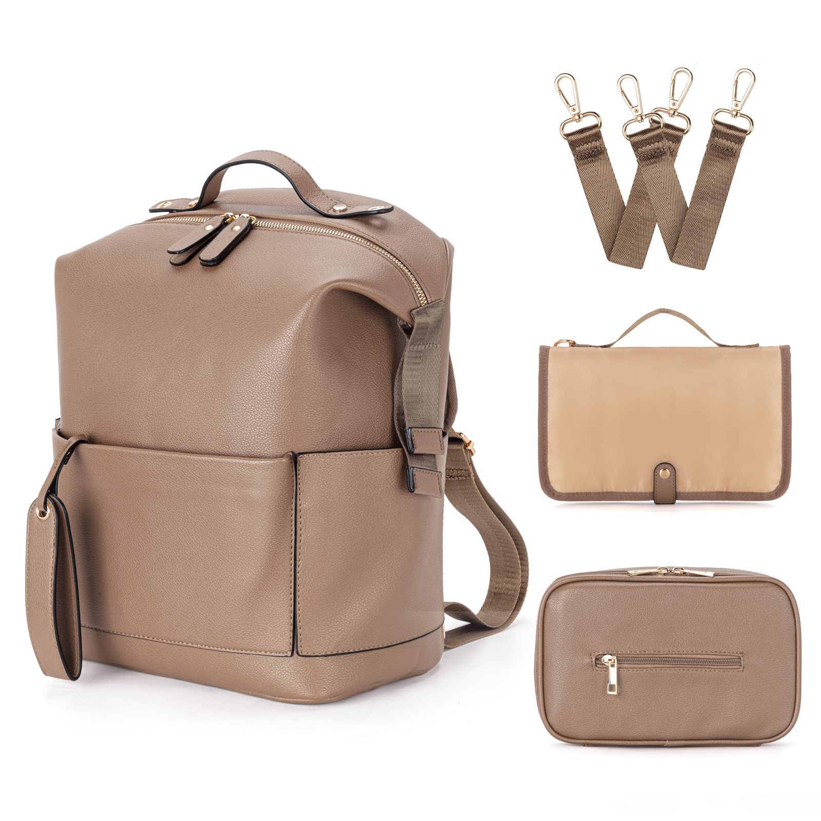 Minsong diaper bag backpack front view in Khaki, stylish on-the-go organizer.