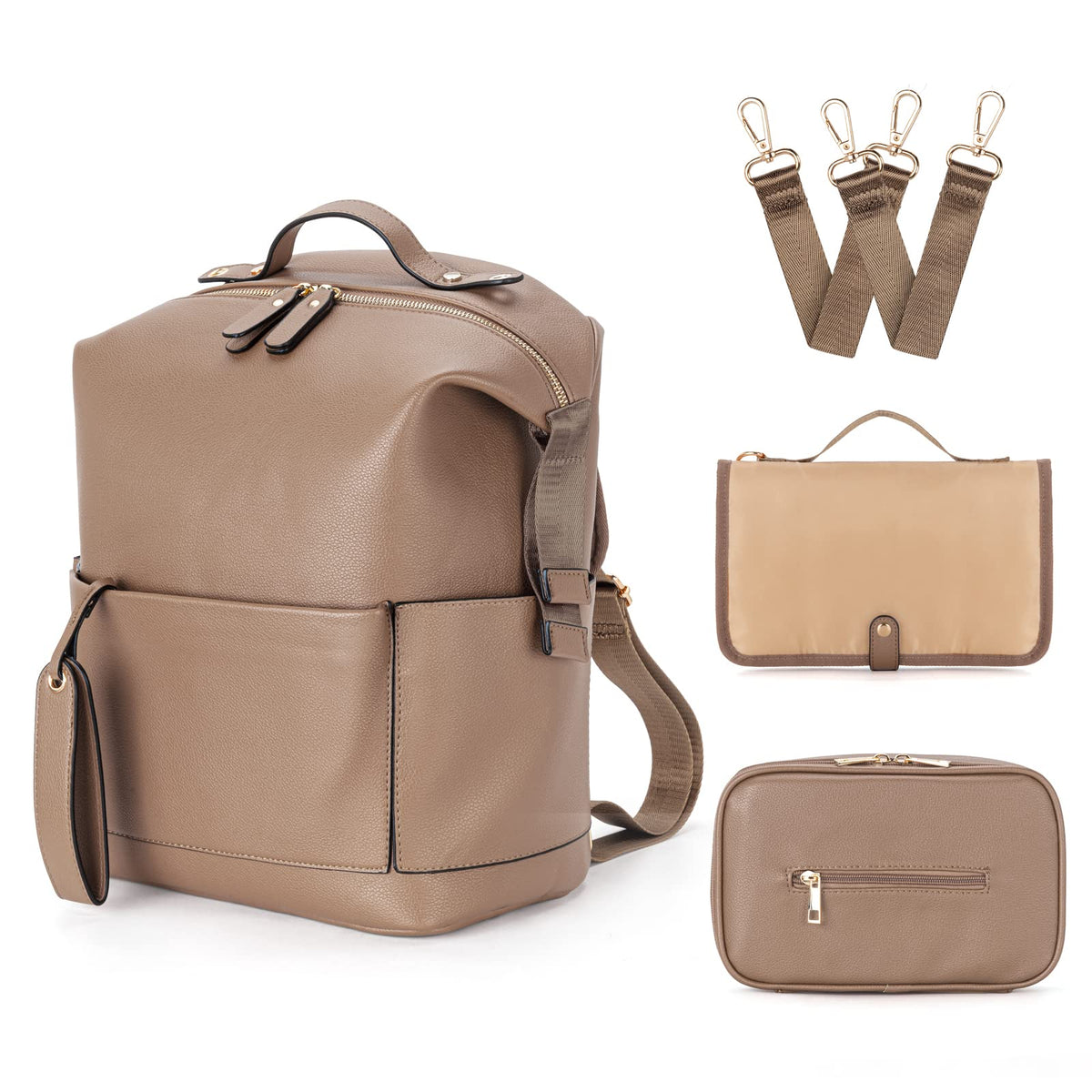 Minsong diaper bag backpack front view in Khaki, stylish on-the-go organizer.