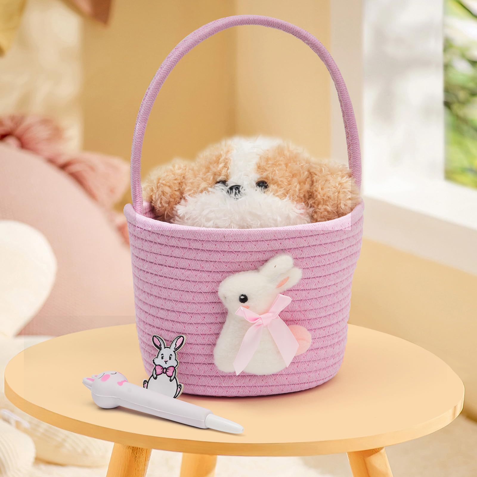 Minstely basket with bunny motif, suitable as Easter or Christmas decorative gift holder.