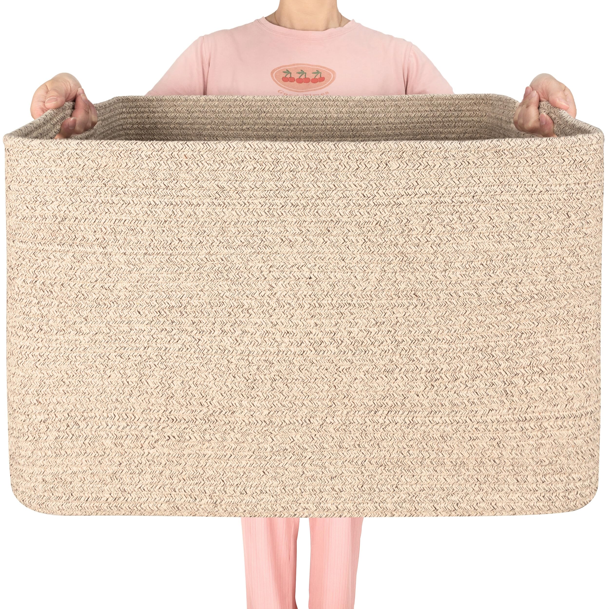MINTWOOD Design 112L blanket basket with rectangle rope-woven design for neat blankets.