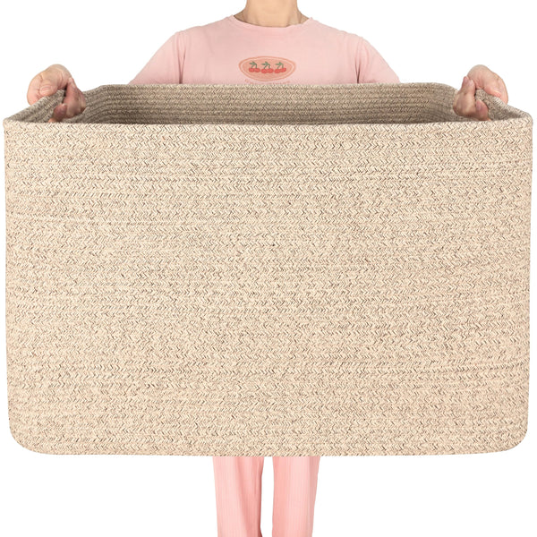 MINTWOOD Design 112L blanket basket with rectangle rope-woven design for neat blankets.