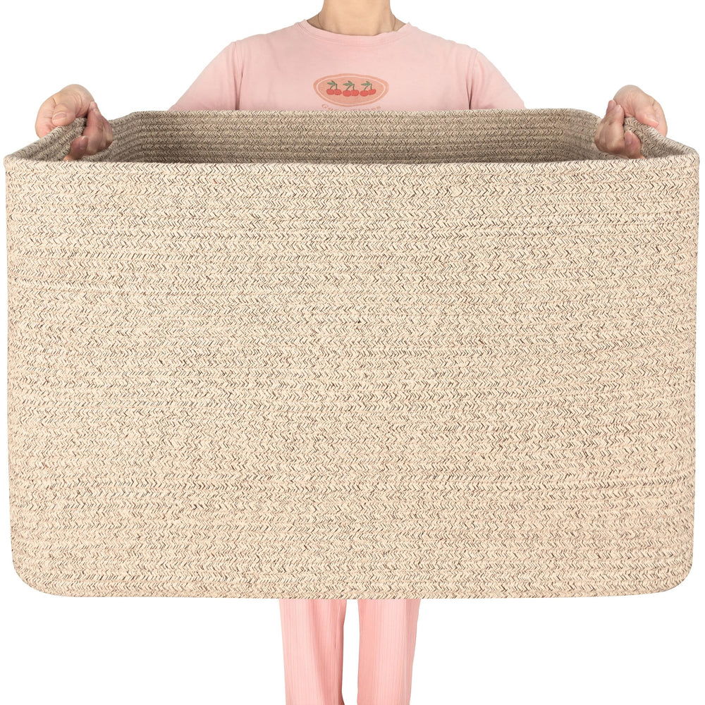 MINTWOOD Design 112L blanket basket with rectangle rope-woven design for neat blankets.