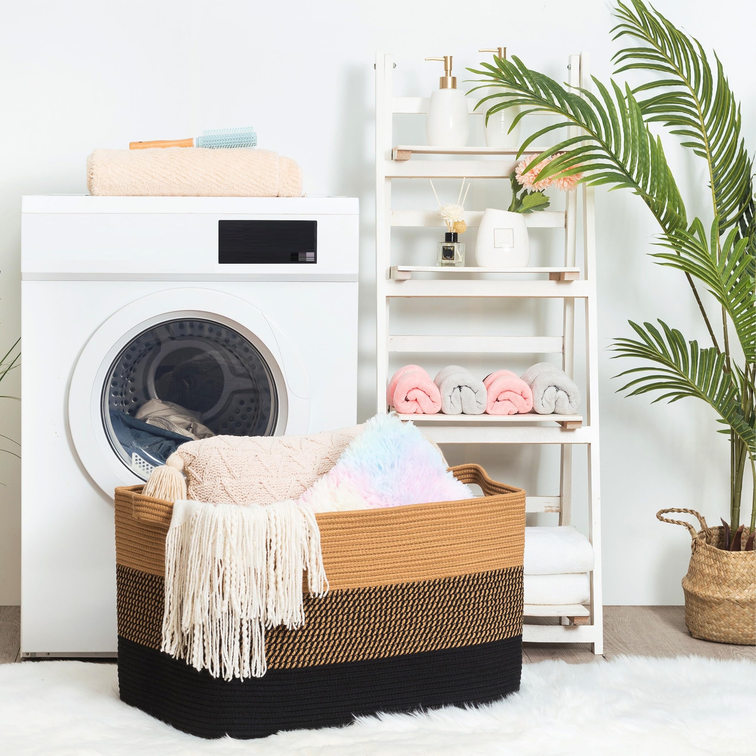 Mintwood basket large interior capacity fits blankets, towels, or pillows.