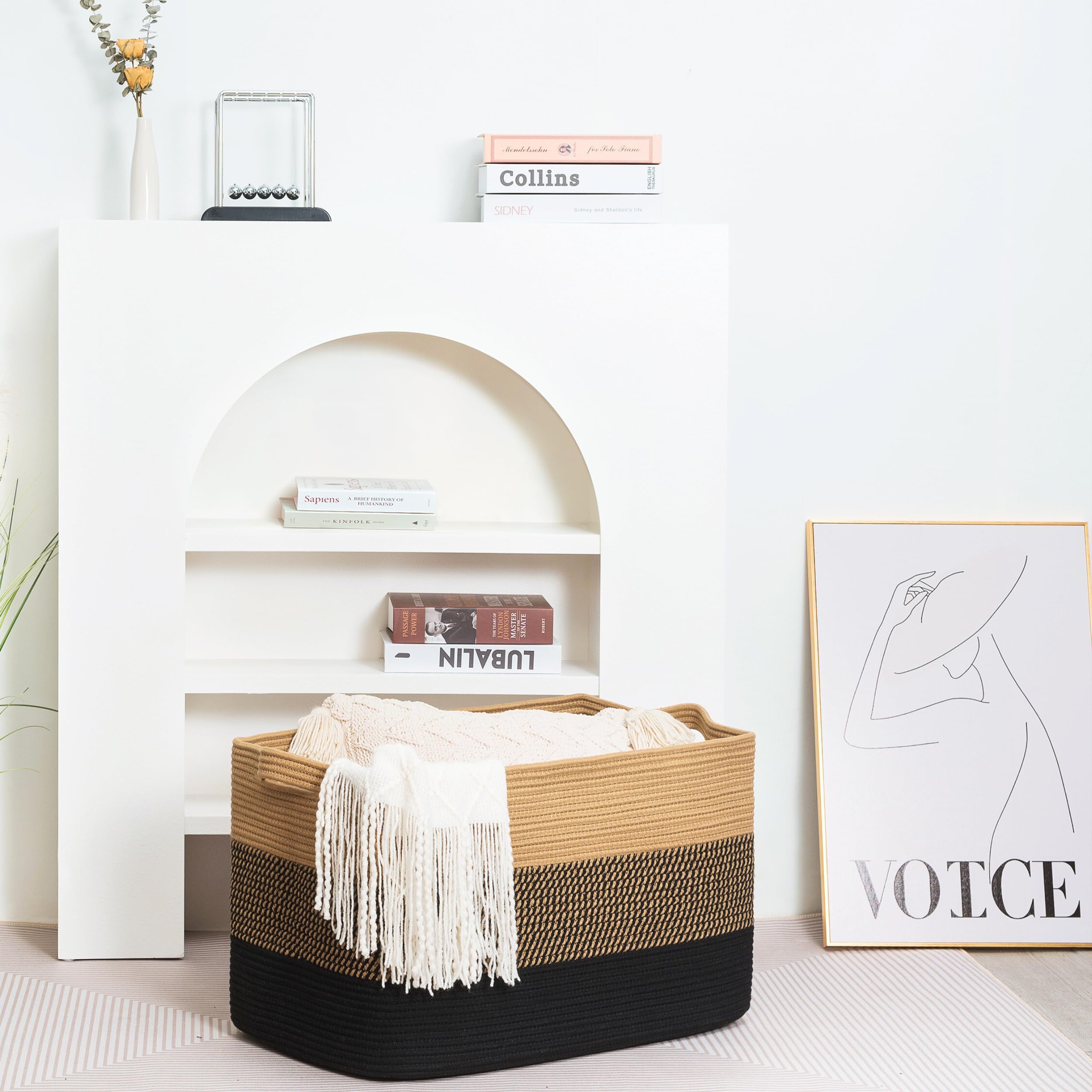 Mintwood basket in living room adds stylish, practical storage.