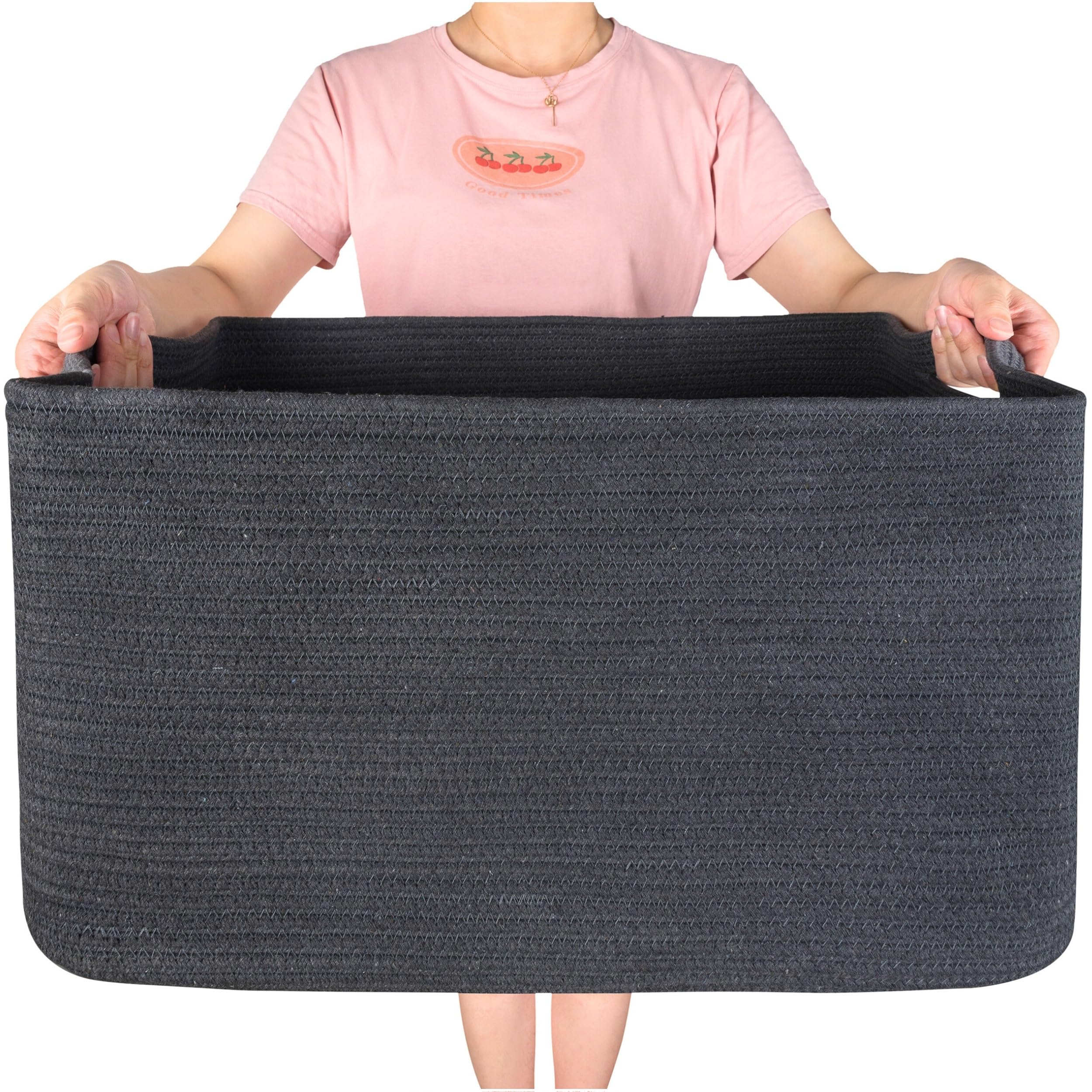 MINTWOOD Design 22in rectangle blanket basket with handles for organized living room storage.