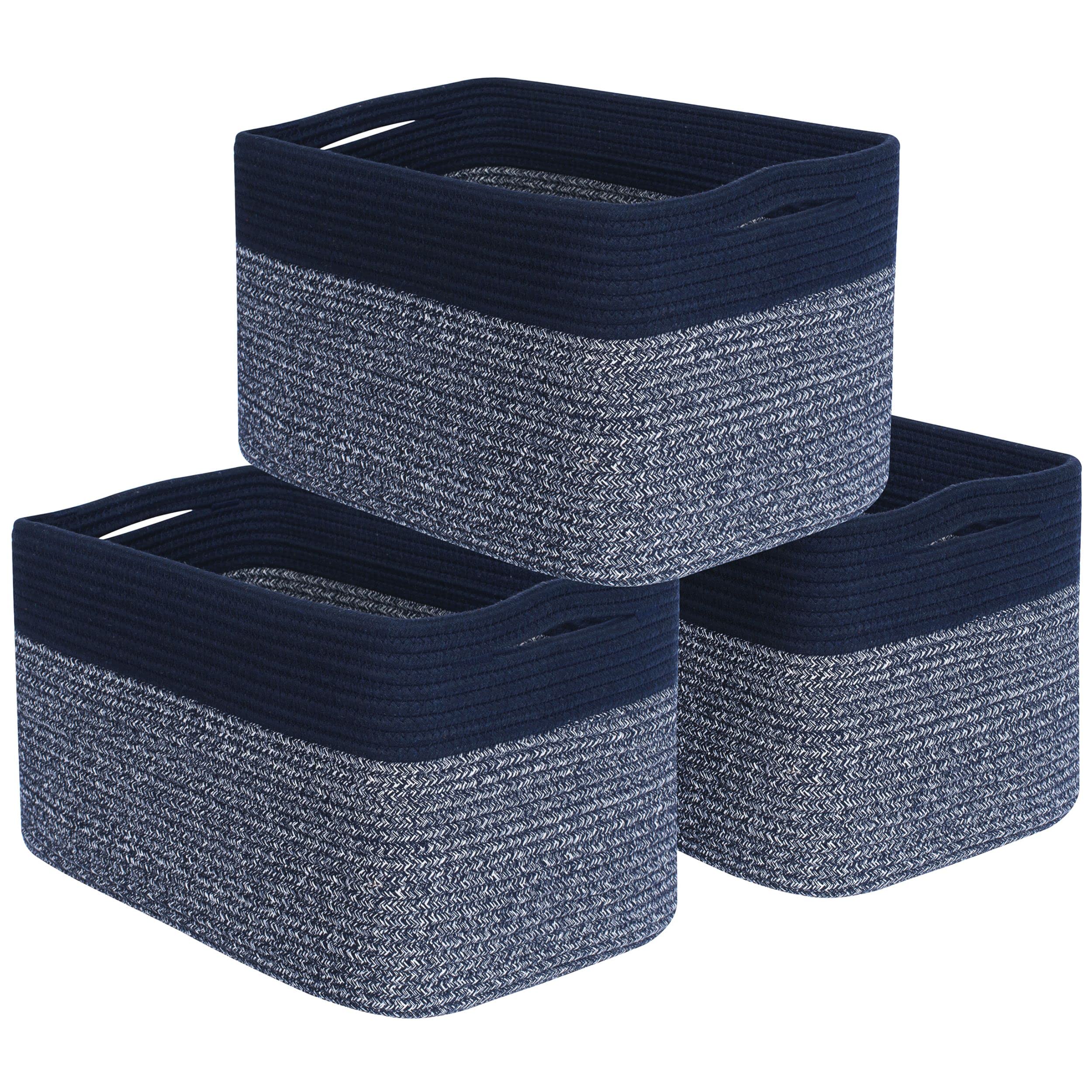 Mintwood Design navy blue baskets on a shelf for tidy storage.