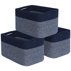 Mintwood Design navy blue baskets on a shelf for tidy storage.