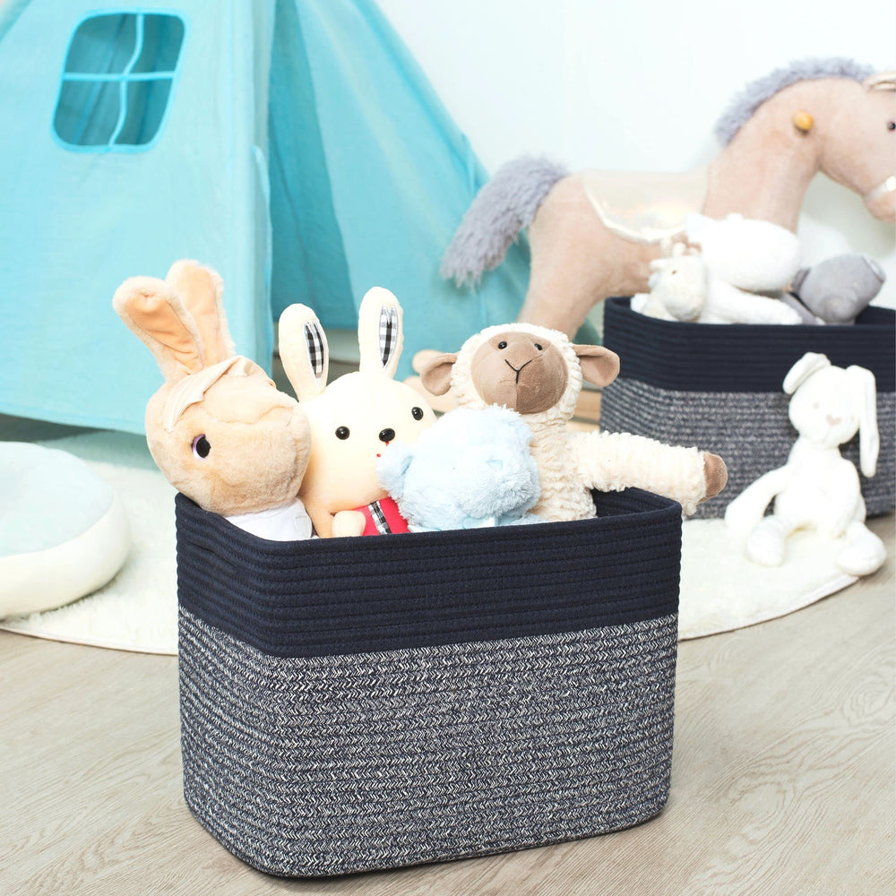 Mintwood Design navy blue pantry baskets organizing snacks and supplies.