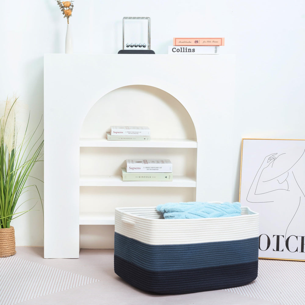 Mintwood Design blanket-towel storage basket keeps towels neatly organized.