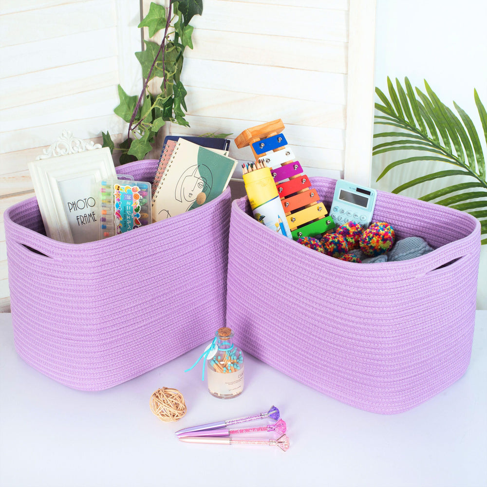 Mintwood Design lilac purple basket on shelf adds decorative organization.