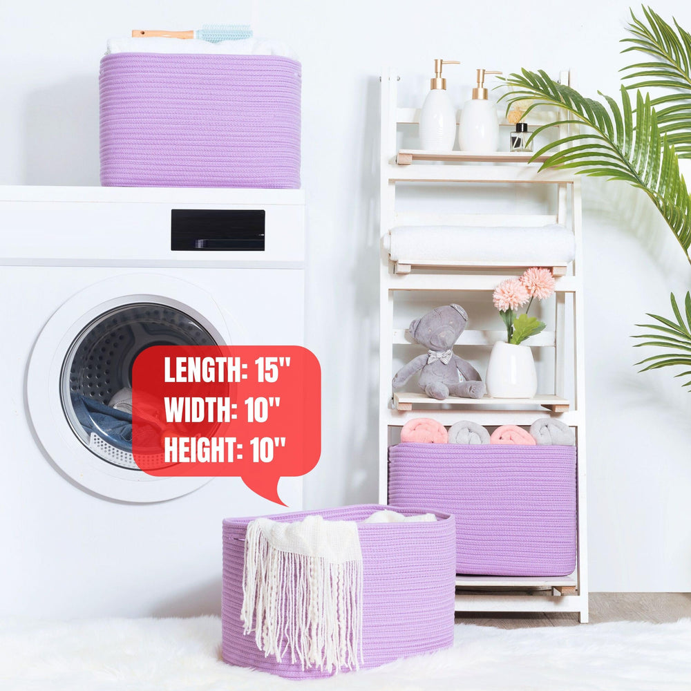 Mintwood Design lilac bedside basket for nightstand organization.