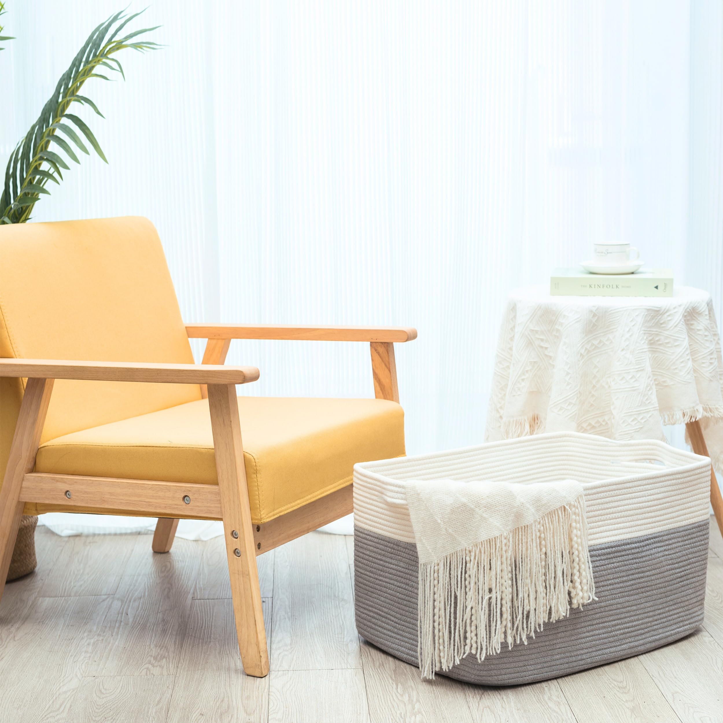 Mintwood Design pool towels storage basket keeps towels organized and ready.