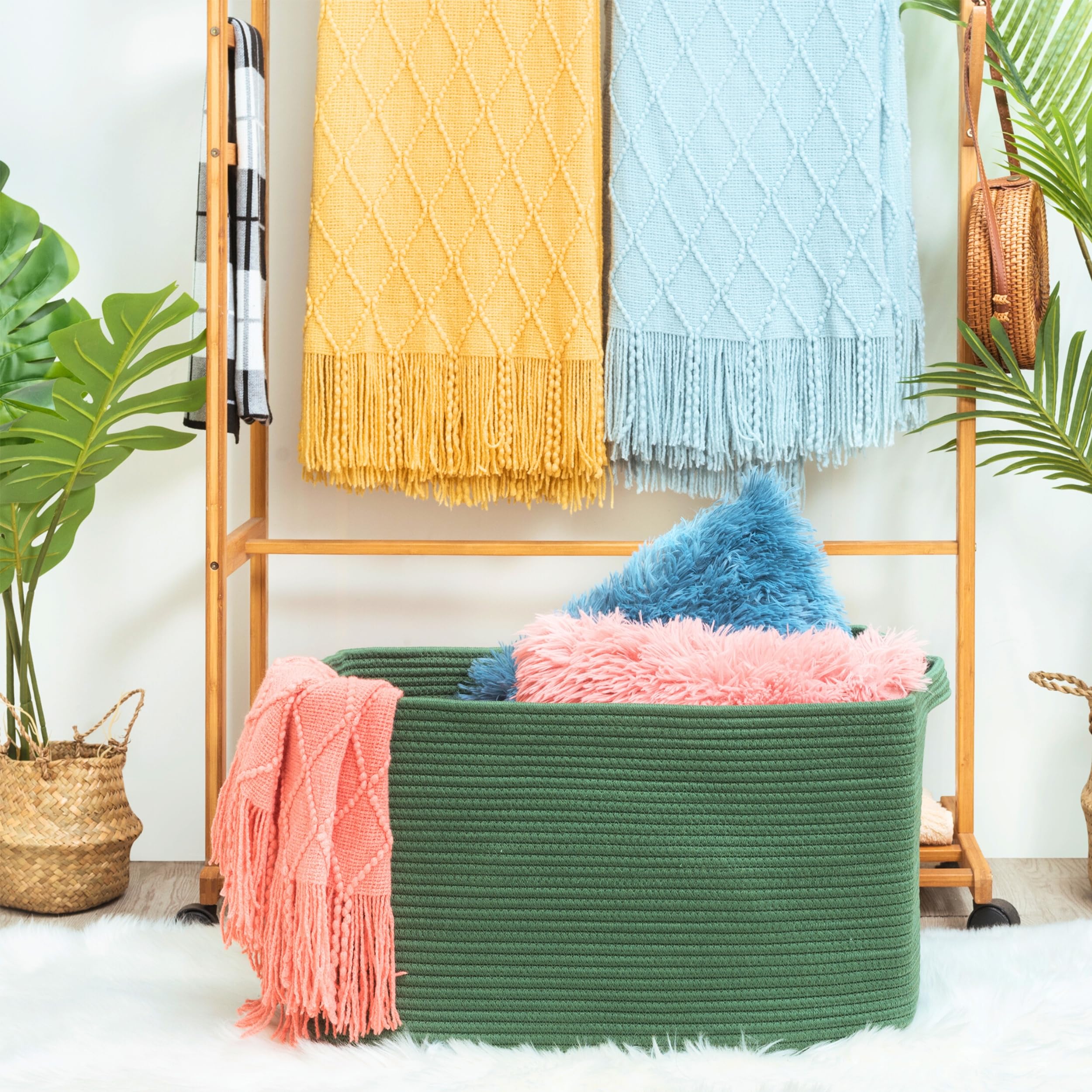 Mintwood Design rectangle rope storage basket with handles adds stylish organization.