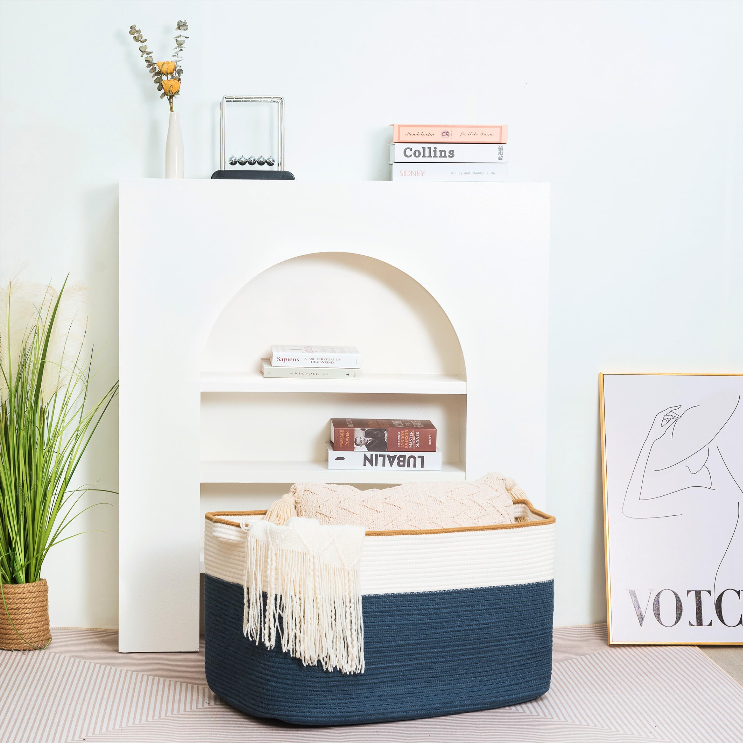 Mintwood Design rope basket stores dog toys in a cozy living area.
