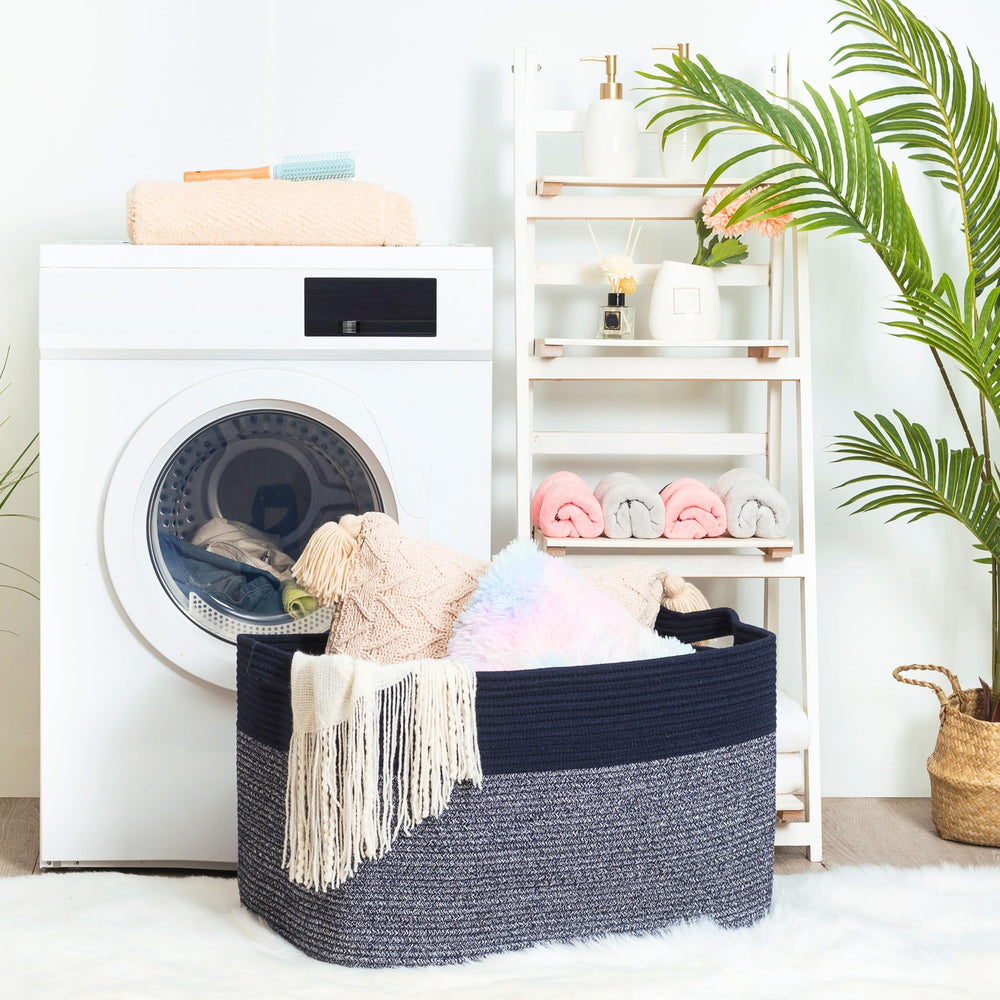 Mintwood Design rope basket used as bathroom towel storage showcasing versatility.