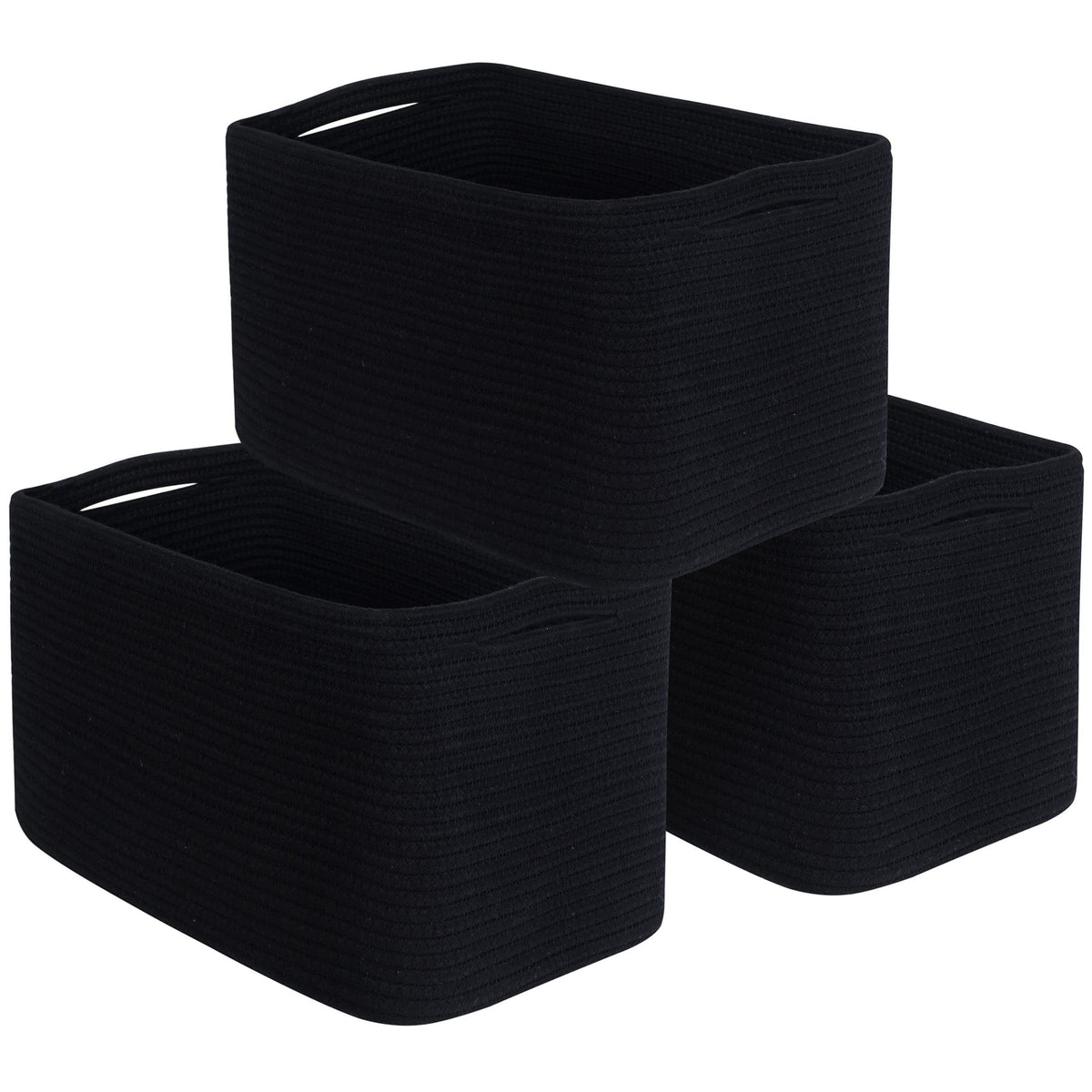 MINTWOOD Design full-black 3-pack baskets on a shelf organizing books and gadgets.
