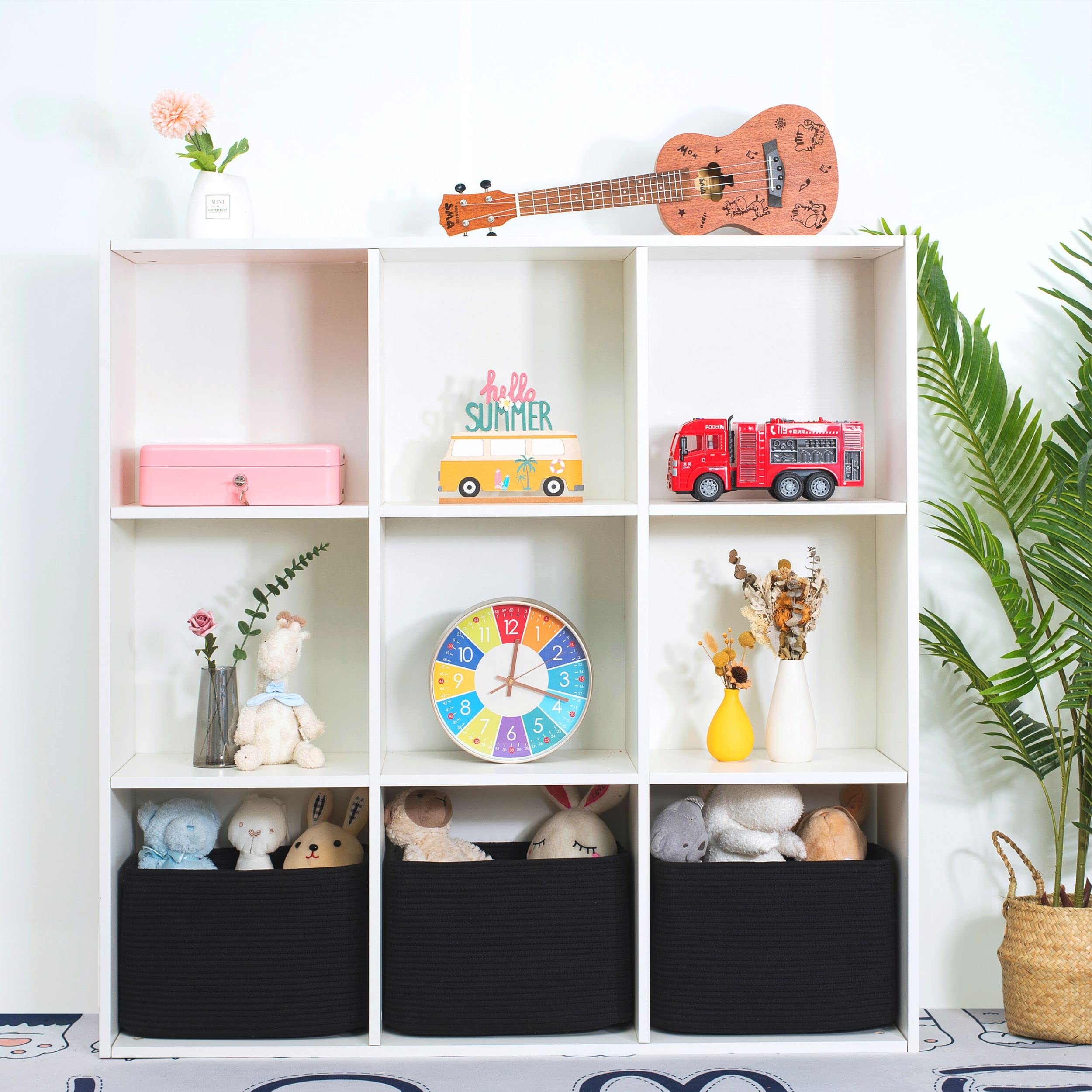 Baskets arranged in a dresser for stylish, organized storage.