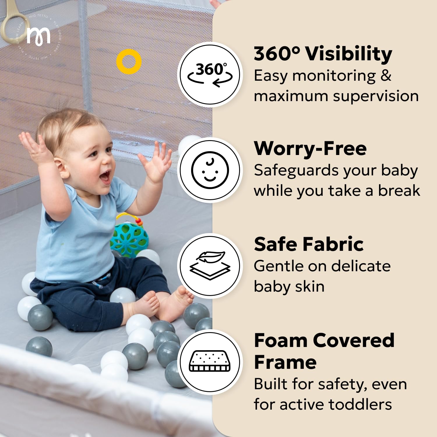 MioTetto playpen foam-tubes provide soft, safe boundaries