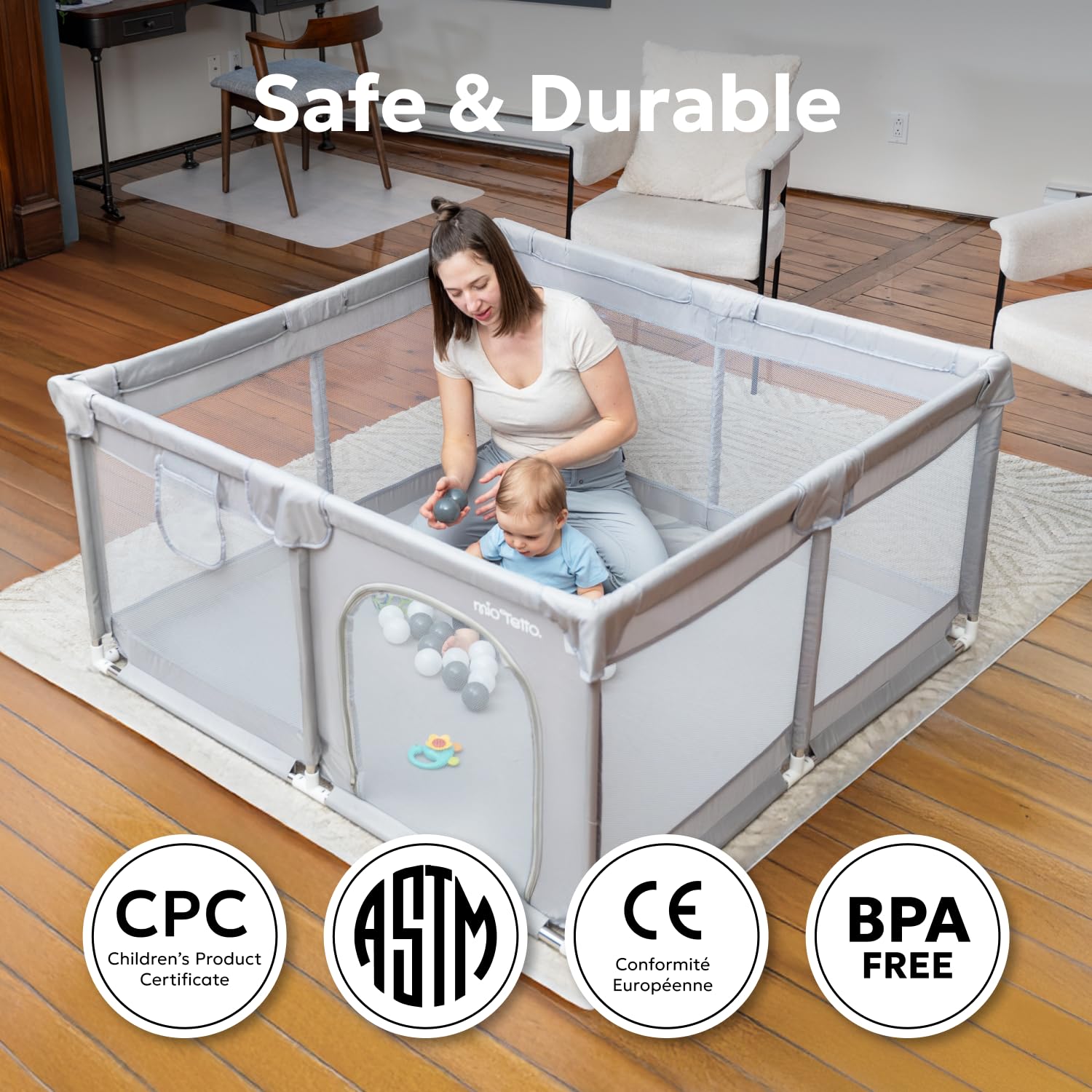 MioTetto suction-base keeps the playpen stable on smooth floors