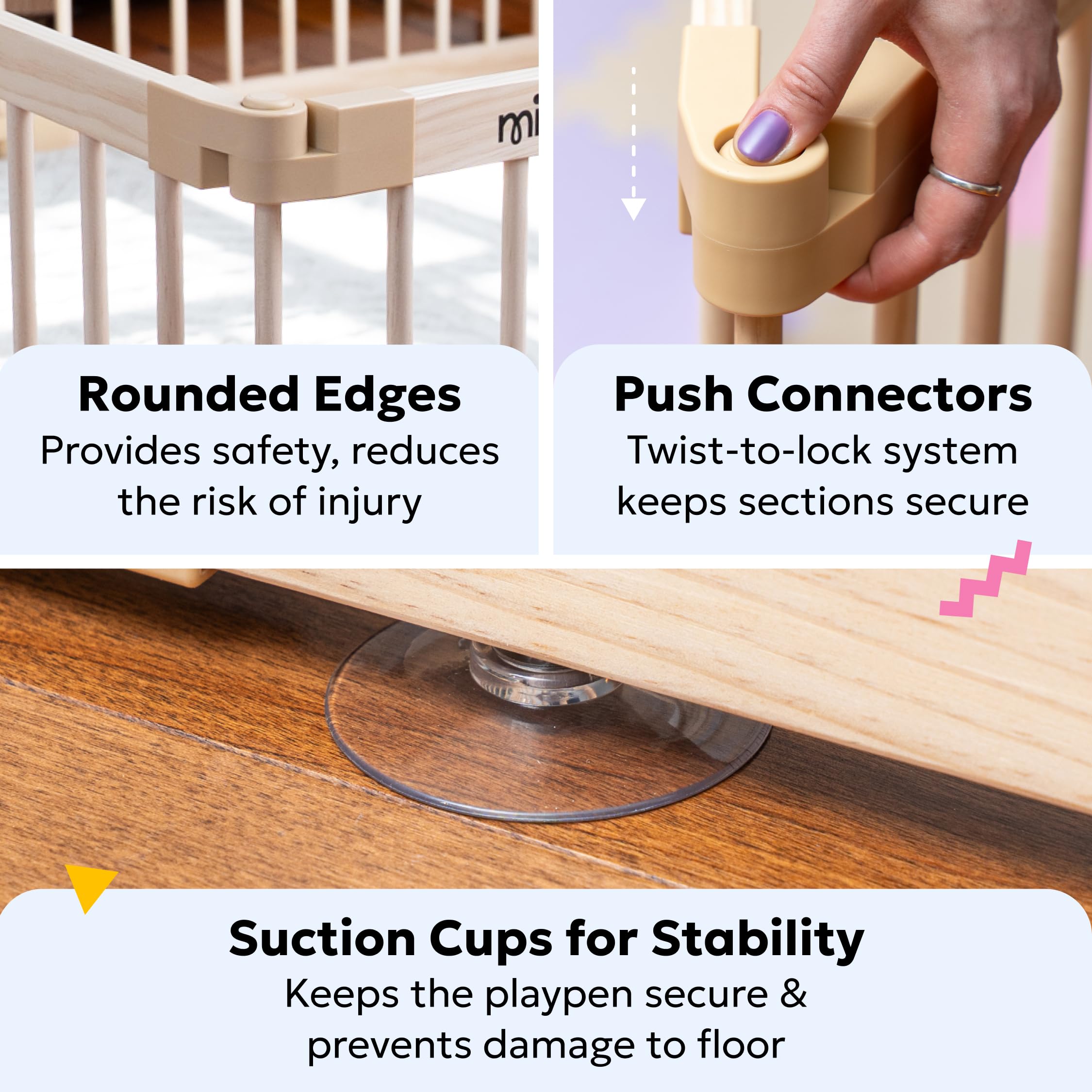 MioTetto playpen crafted from natural wood with smooth edges.