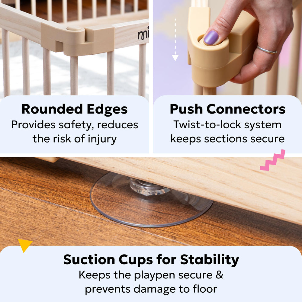 MioTetto playpen crafted from natural wood with smooth edges.