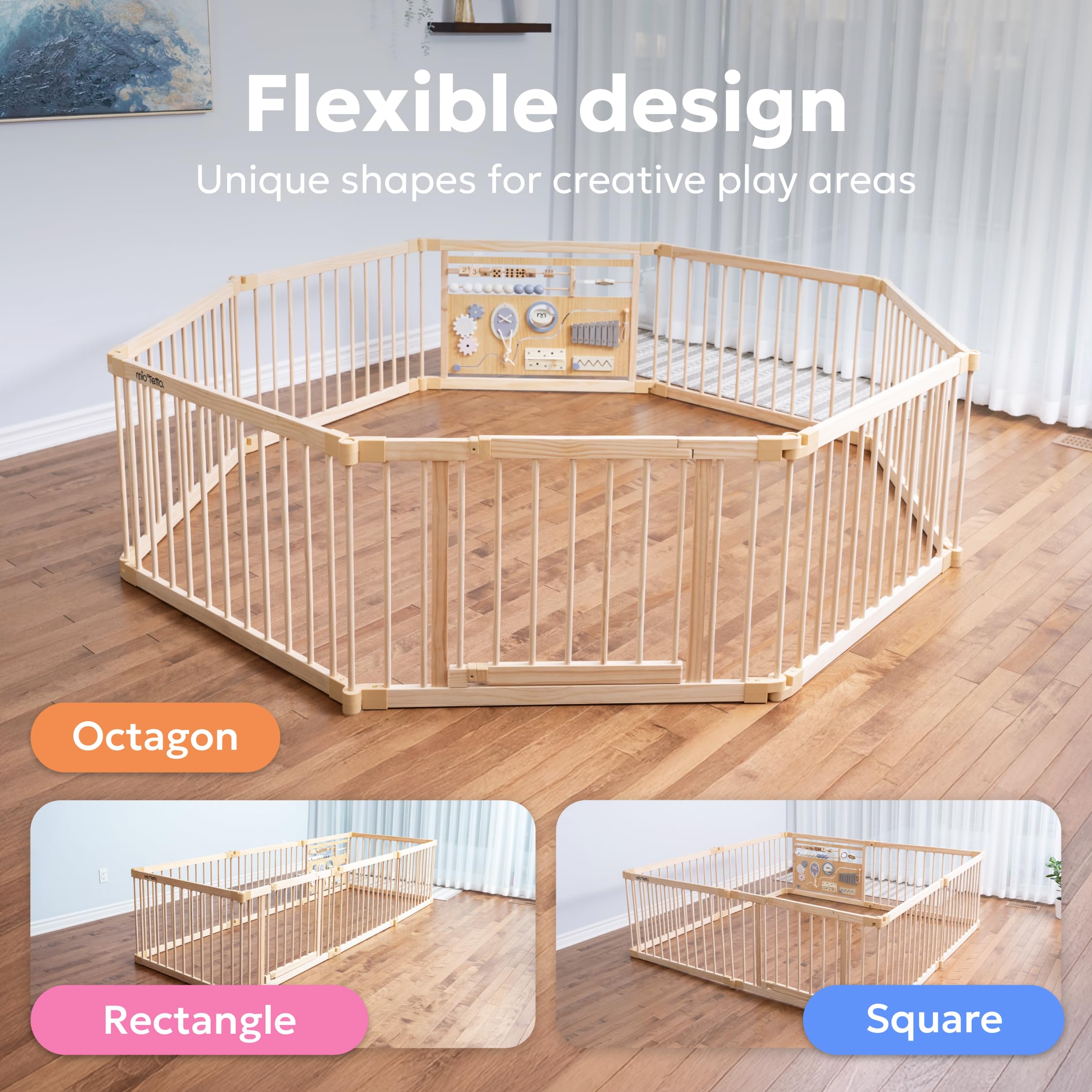MioTetto wooden playpen side view highlights sturdy construction.