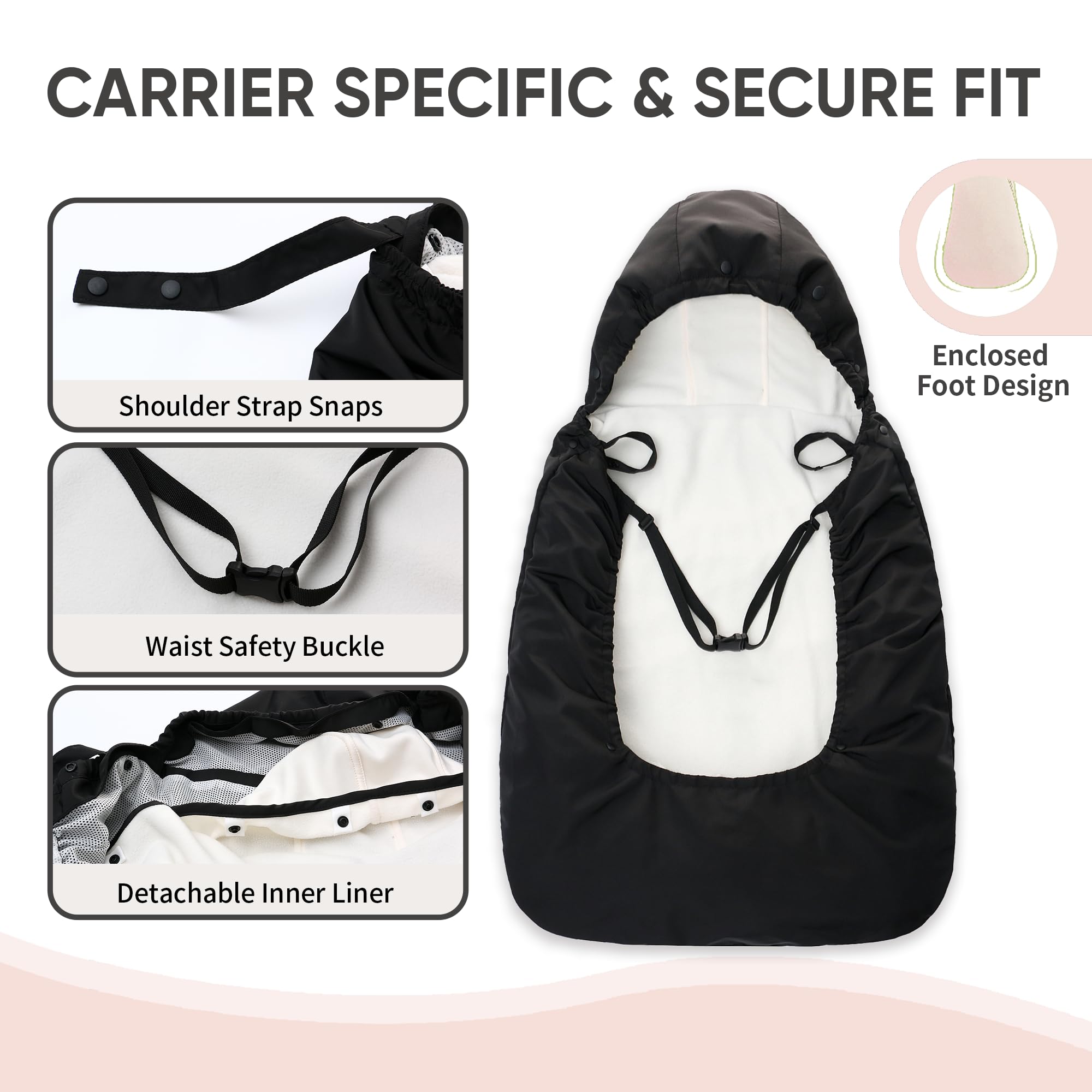 Secure-fit design on Miracle Baby Carrier Cover with snaps and waist buckle