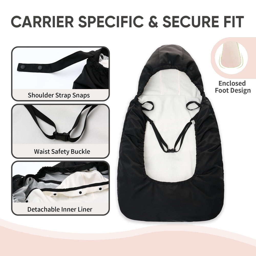 Secure-fit design on Miracle Baby Carrier Cover with snaps and waist buckle