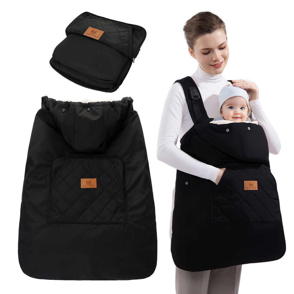 Miracle Baby Carrier Cover showing waterproof outer shell protecting the baby during a rainy stroller ride