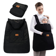 Miracle Baby Carrier Cover showing waterproof outer shell protecting the baby during a rainy stroller ride