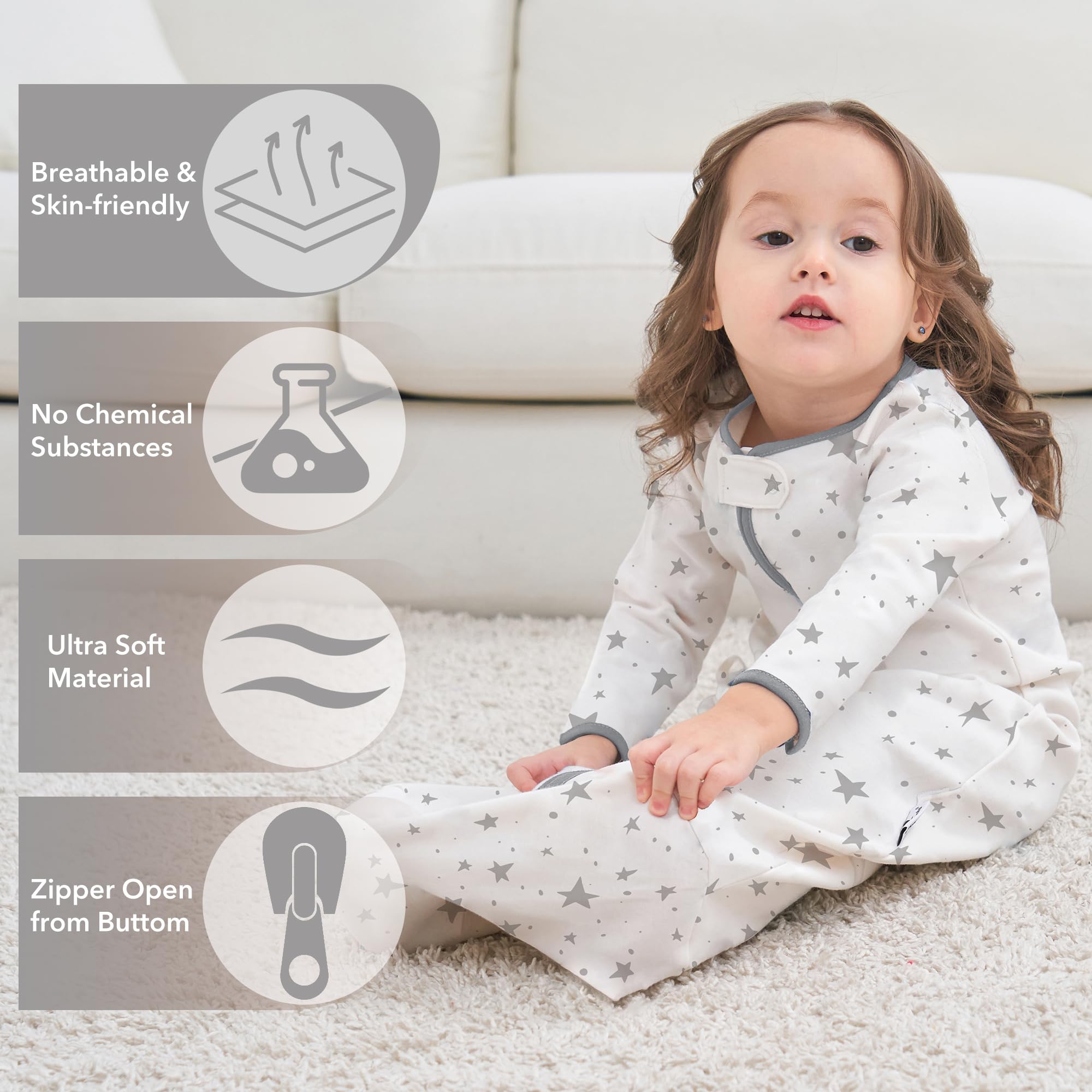 Miracle Baby long-sleeve sleep sack worn by infant shows safe warmth for overnight rest.